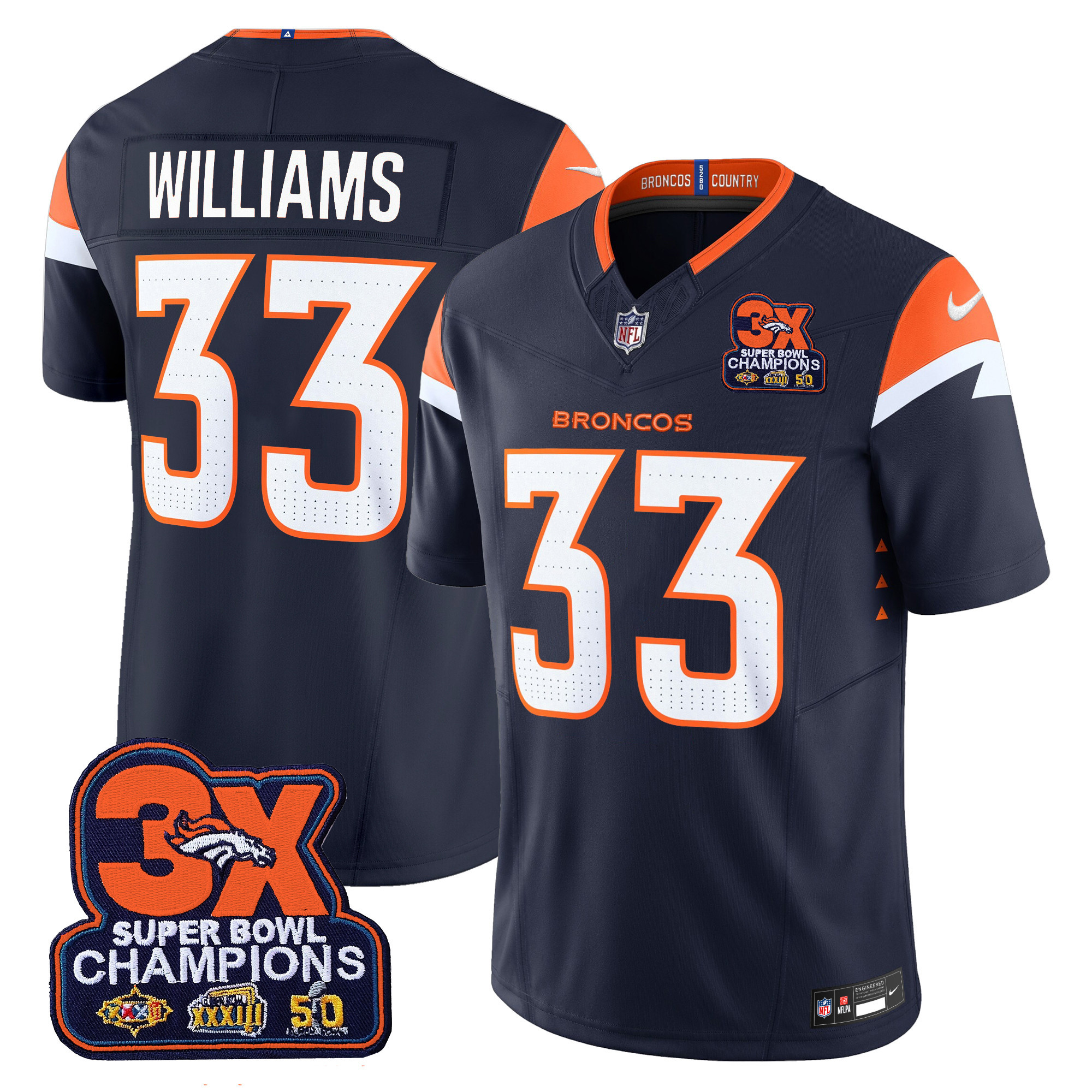 Men's Javonte Williams Denver Broncos 3-Time Champions Patch Vapor Limited Navy Jersey - All Stitched