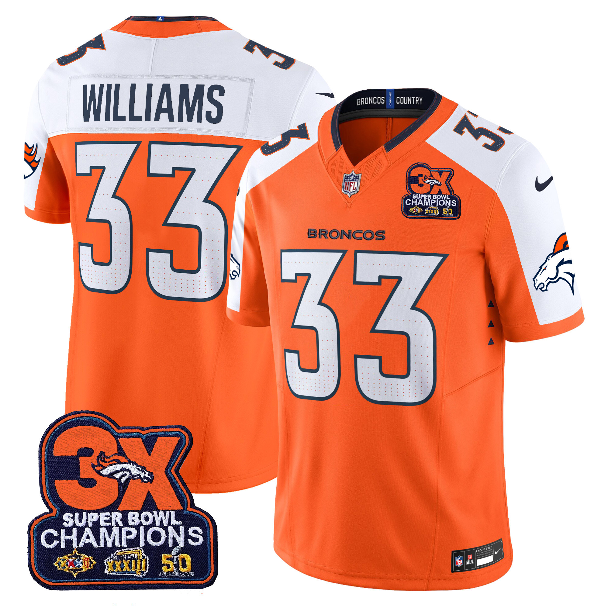 Men's Javonte Williams Denver Broncos 3-Time Champions Patch Vapor Limited Orange Alternate Jersey - All Stitched