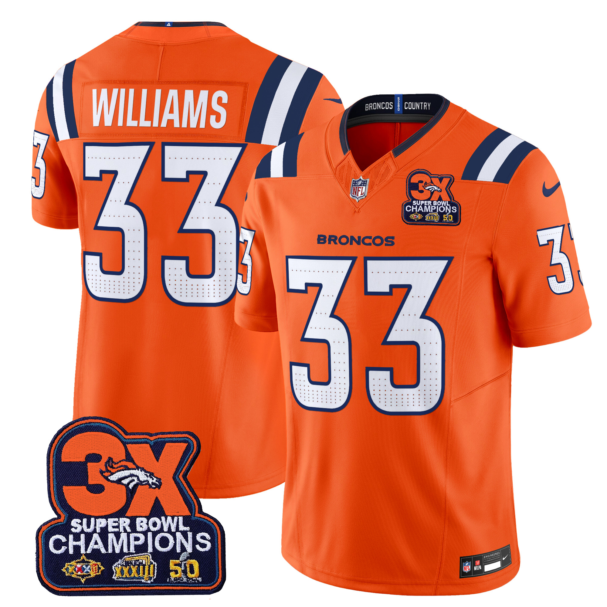 Men's Javonte Williams Denver Broncos 3-Time Champions Patch Vapor Limited Orange Jersey - All Stitched
