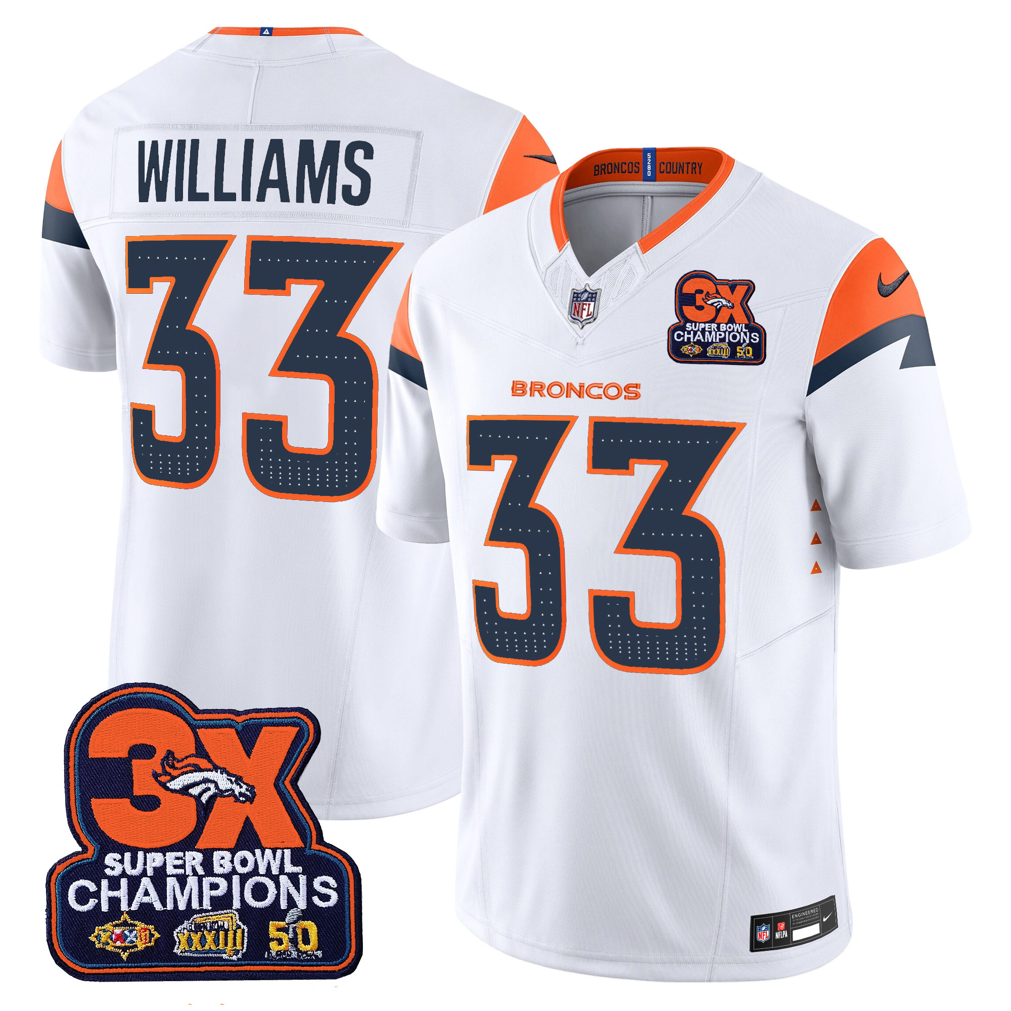 Men's Javonte Williams Denver Broncos 3-Time Champions Patch Vapor Limited White Jersey - All Stitched