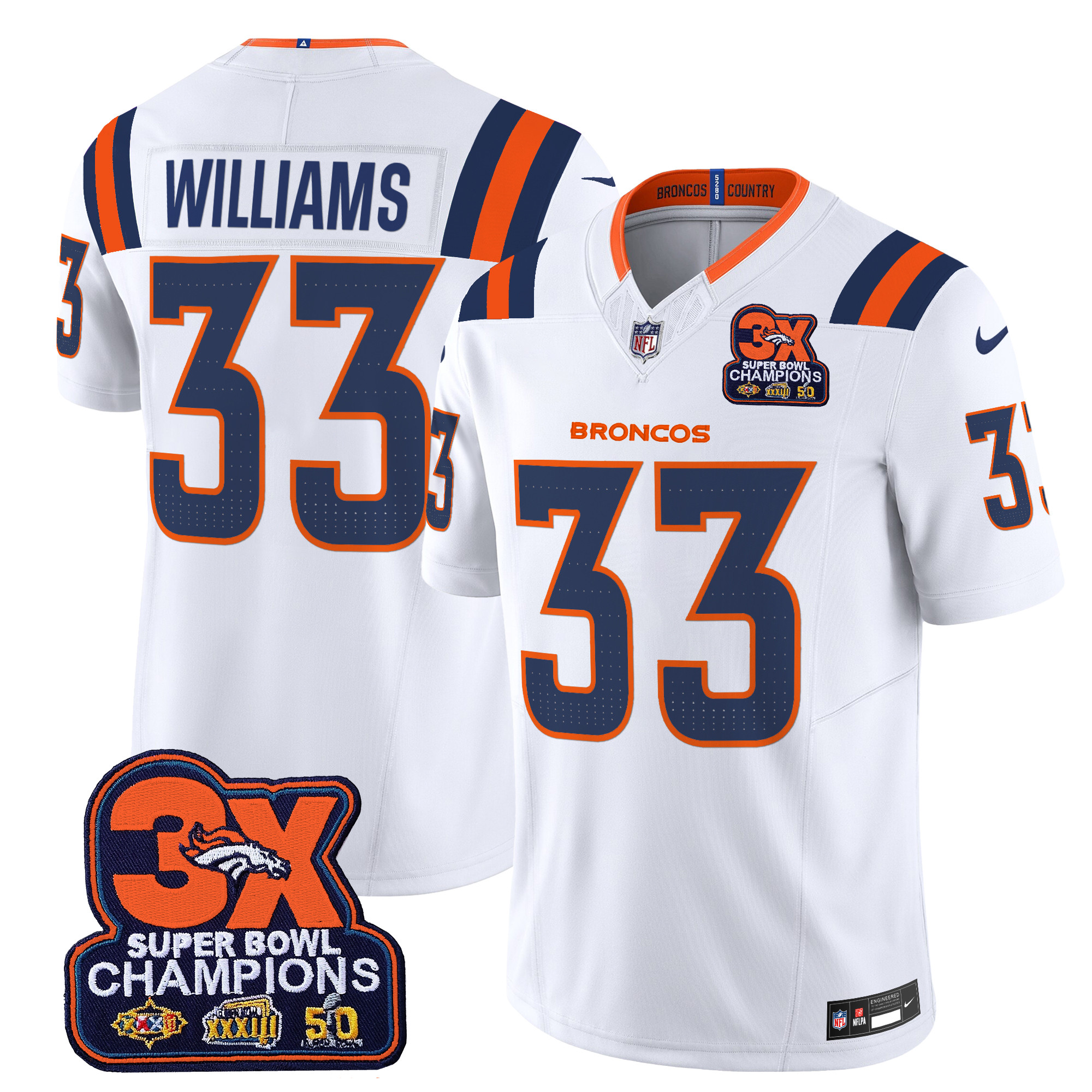 Men's Javonte Williams Denver Broncos 3-Time Champions Patch Vapor Limited White Jersey - All Stitched