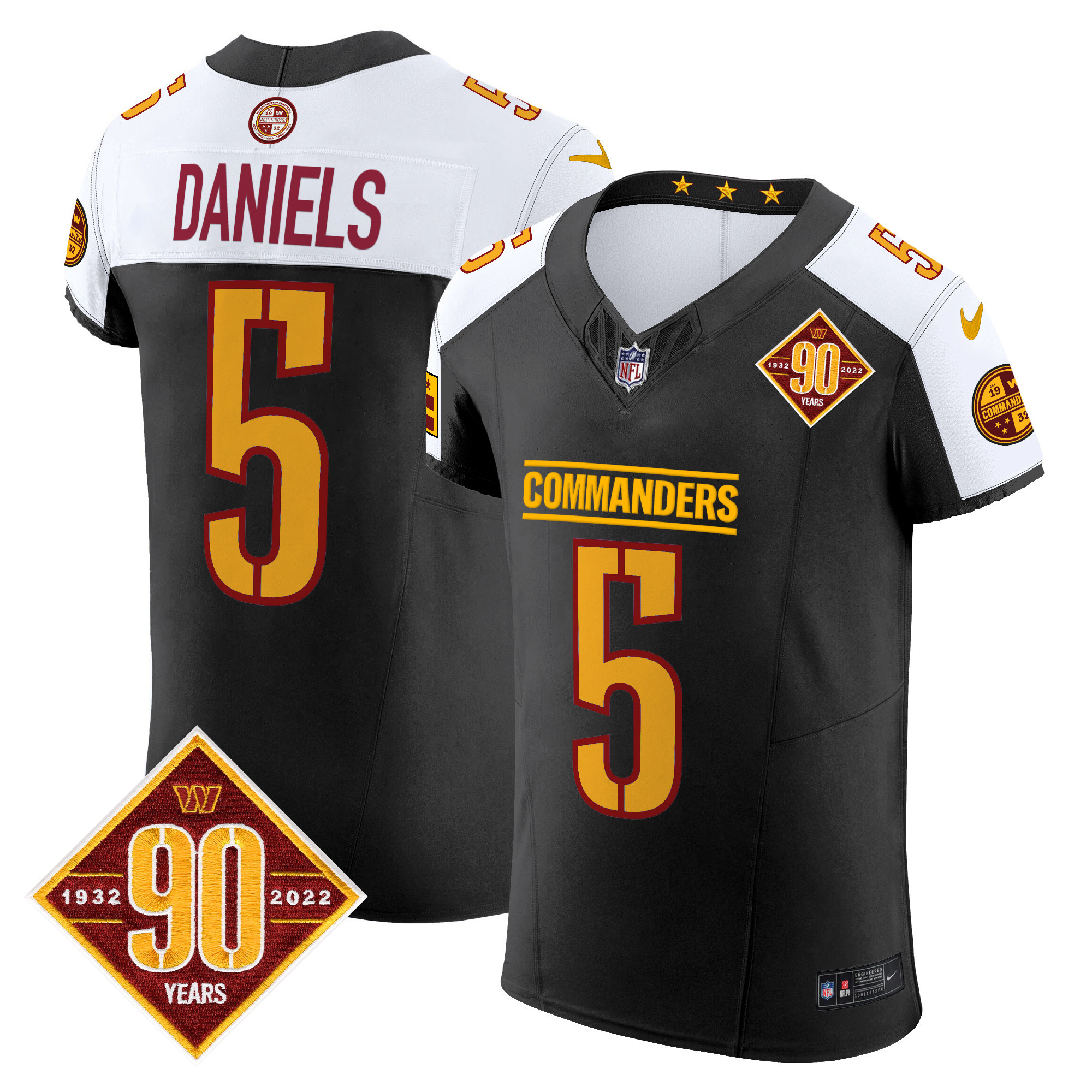 Men's Jayden Daniels Washington Commanders 90th Anniversary Patch Vapor Elite Black Alternate Jersey - All Stitched