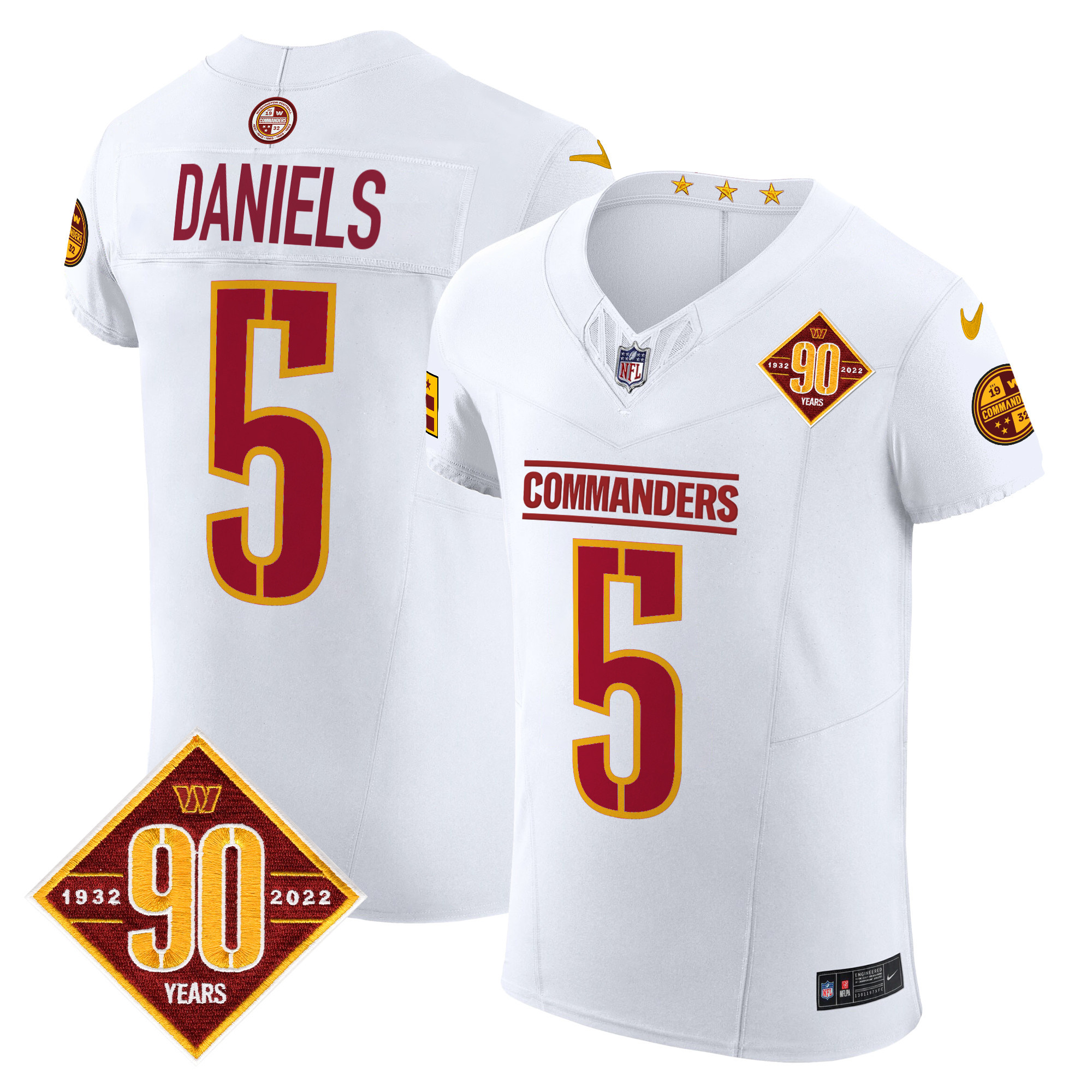 Men's Jayden Daniels Washington Commanders 90th Anniversary Patch Vapor Elite White Jersey - All Stitched
