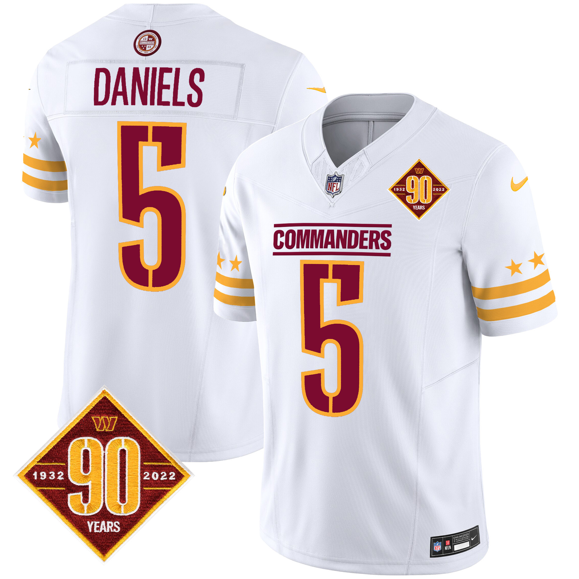Men's Jayden Daniels Washington Commanders 90th Anniversary Patch Vapor Limited White Jersey - All Stitched