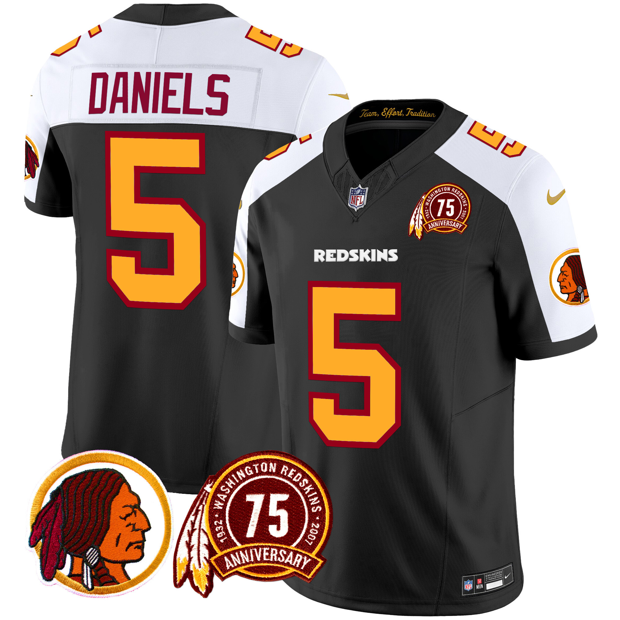 Men's Jayden Daniels Washington Redskins 75th Patch Throwback Vapor Limited Black Alternate Jersey - All Stitched