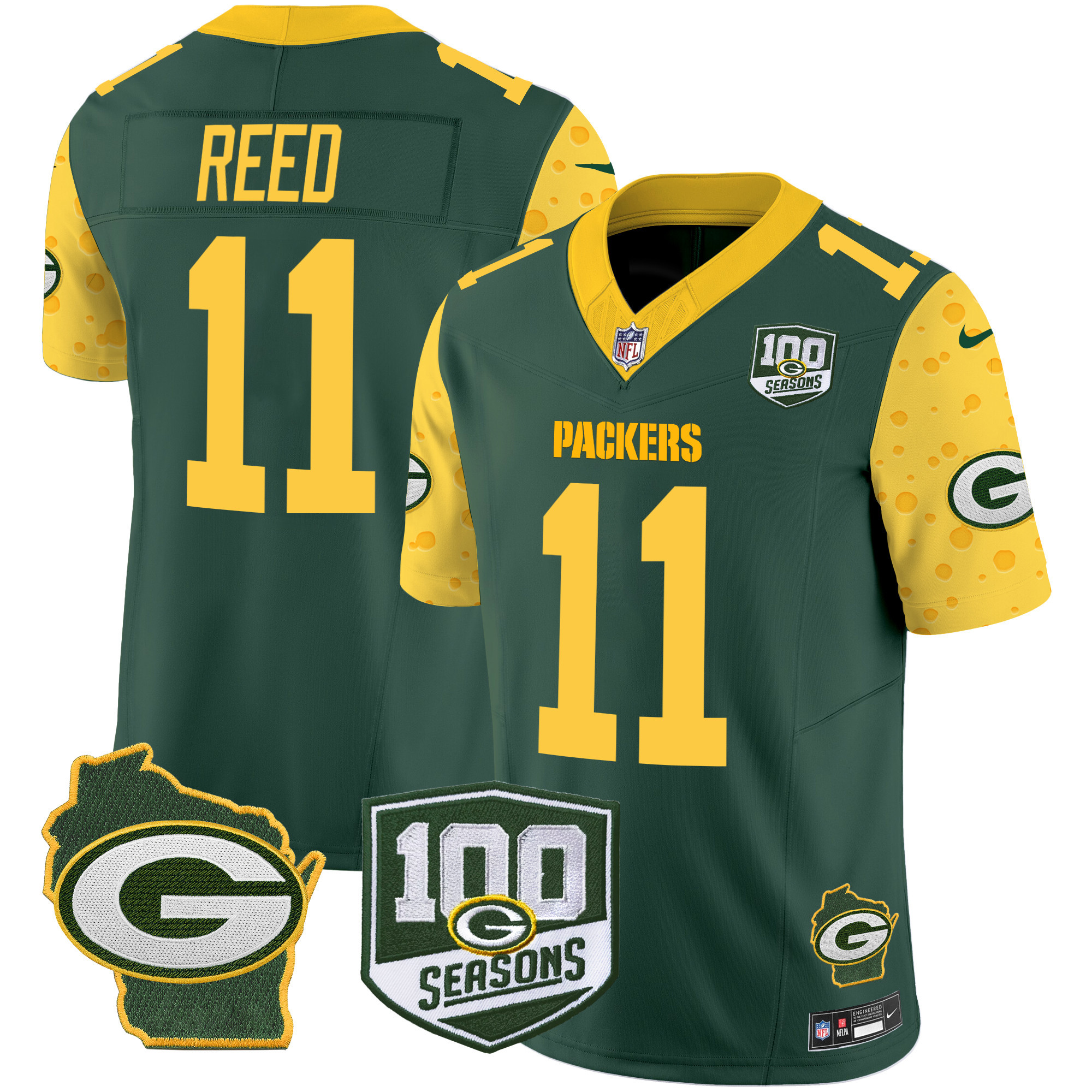 Men's Jayden Reed Green Bay Packers 100th Season & Home Patch Cheese Vapor Limited Green Jersey – All Stitched