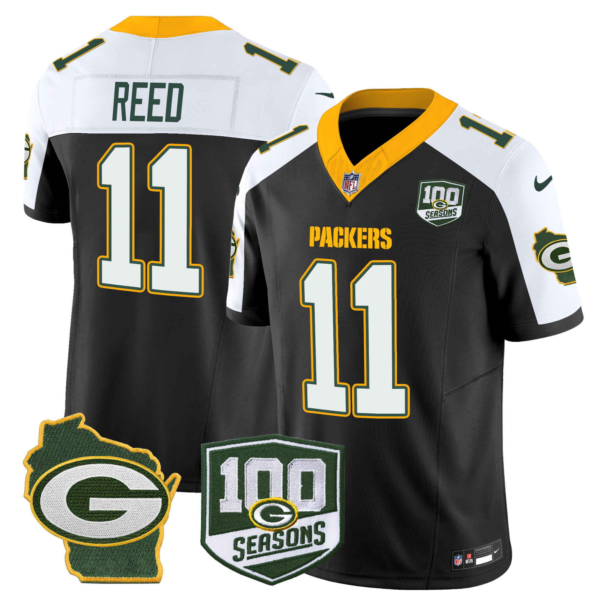 Men's Jayden Reed Green Bay Packers 100th Season & Home Patch Vapor Limited Black Alternate Jersey - All Stitched