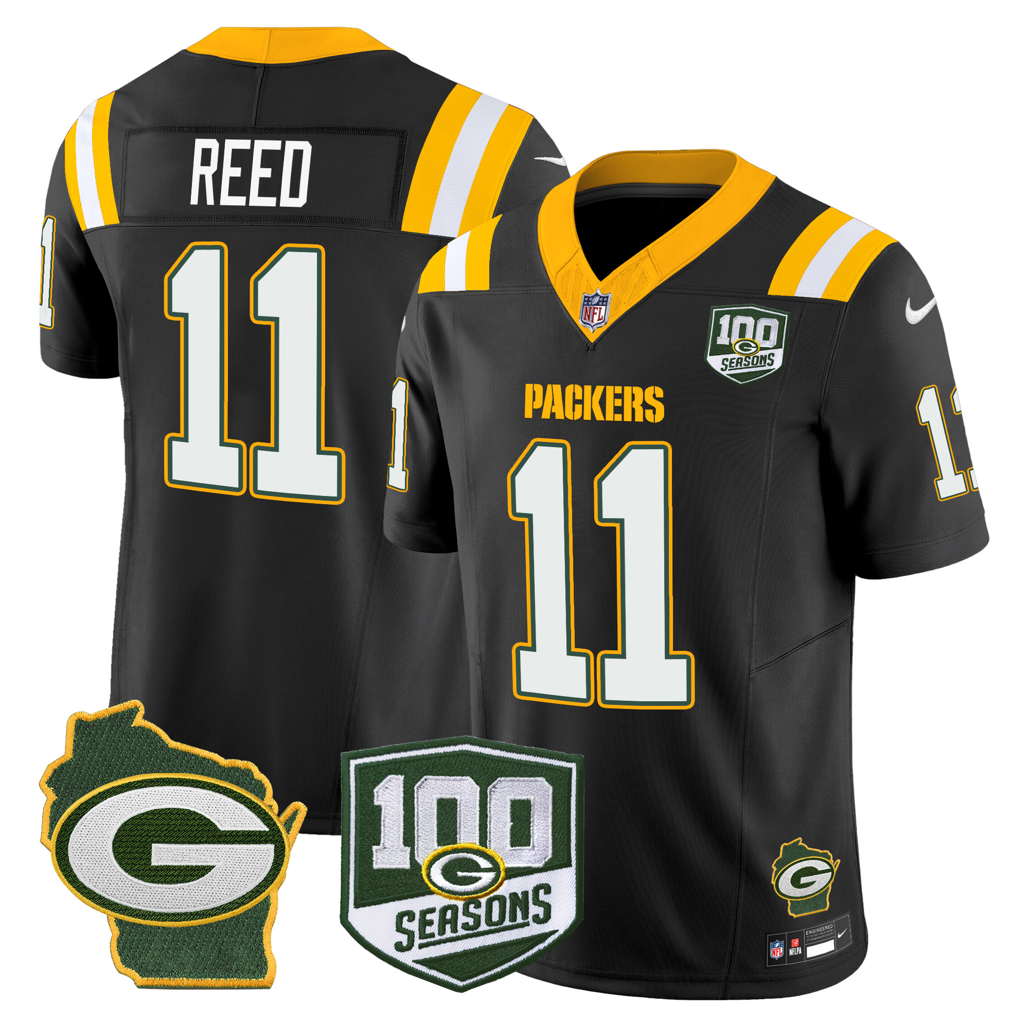 Men's Jayden Reed Green Bay Packers 100th Season & Home Patch Vapor Limited Black Jersey - All Stitched