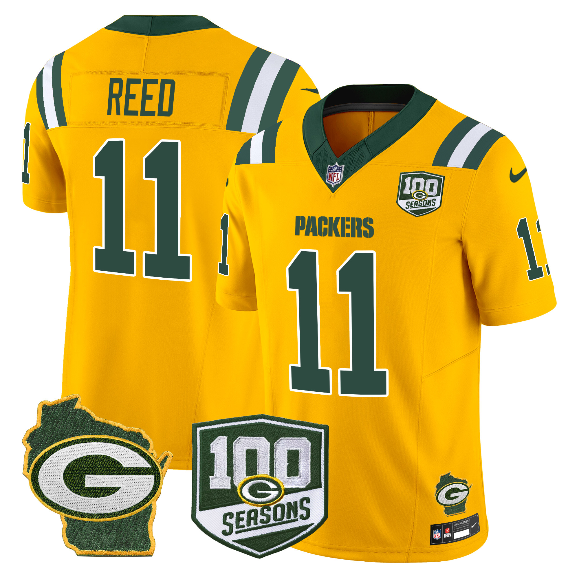 Men's Jayden Reed Green Bay Packers 100th Season & Home Patch Vapor Limited Gold Jersey - All Stitched