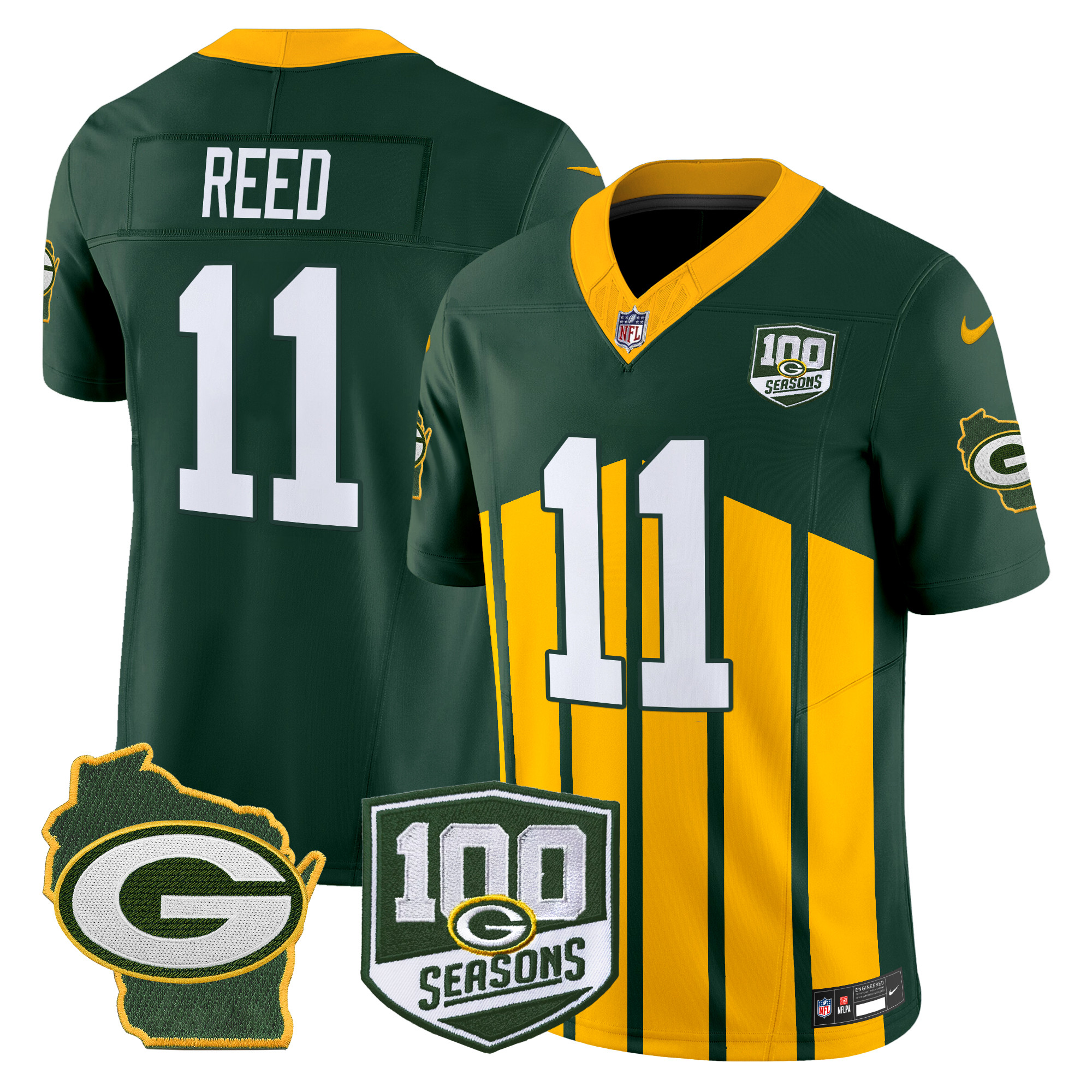Men's Jayden Reed Green Bay Packers 100th Season & Home Patch Vapor Limited Green Special Jersey - All Stitched