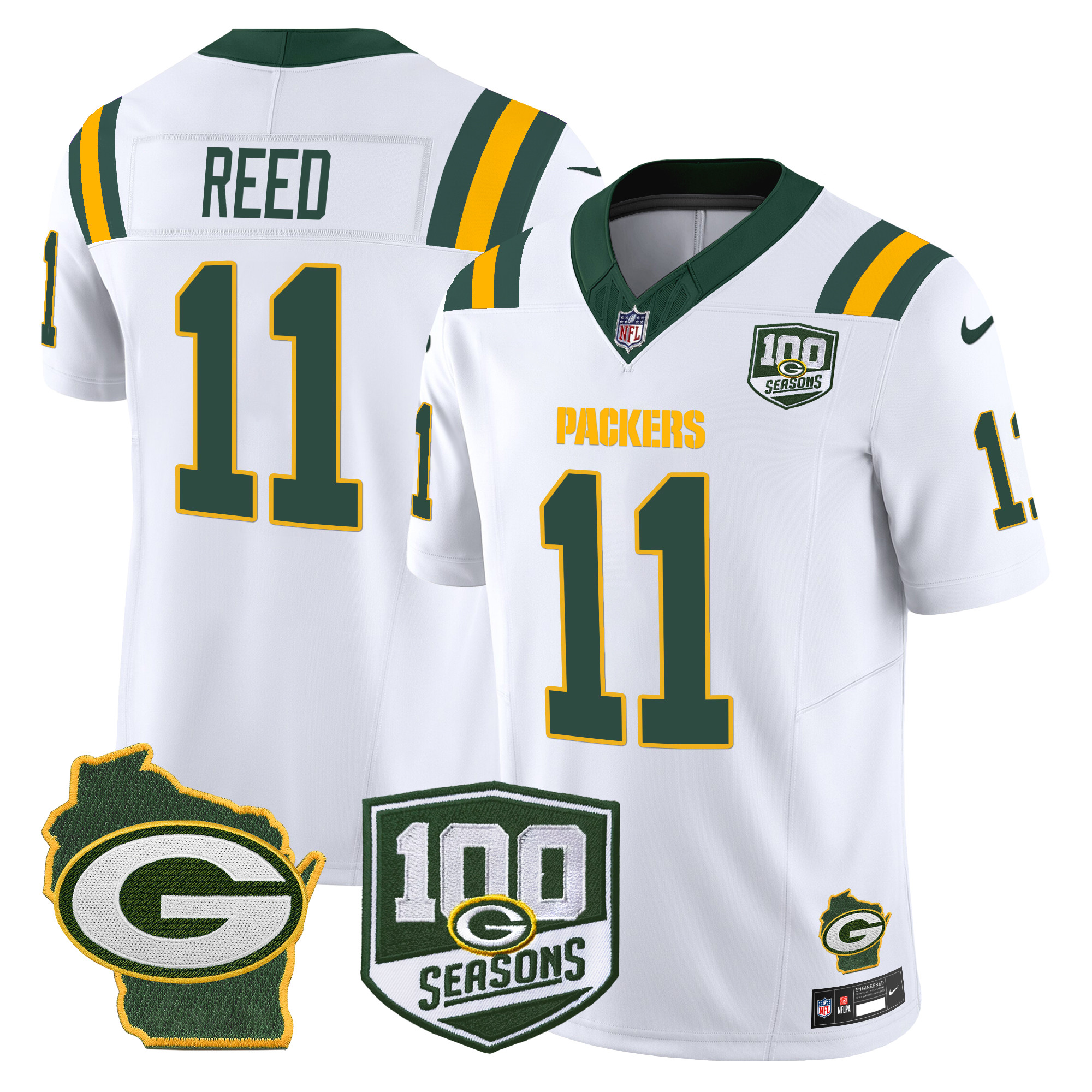 Men's Jayden Reed Green Bay Packers 100th Season & Home Patch Vapor Limited White Jersey - All Stitched