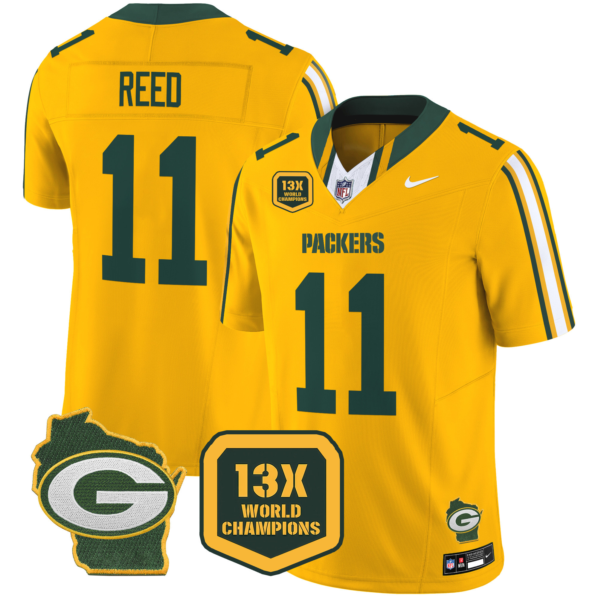 Men's Jayden Reed Green Bay Packers 13 Time World Champions & Home Patch Vapor Limited Gold Jersey – All Stitched
