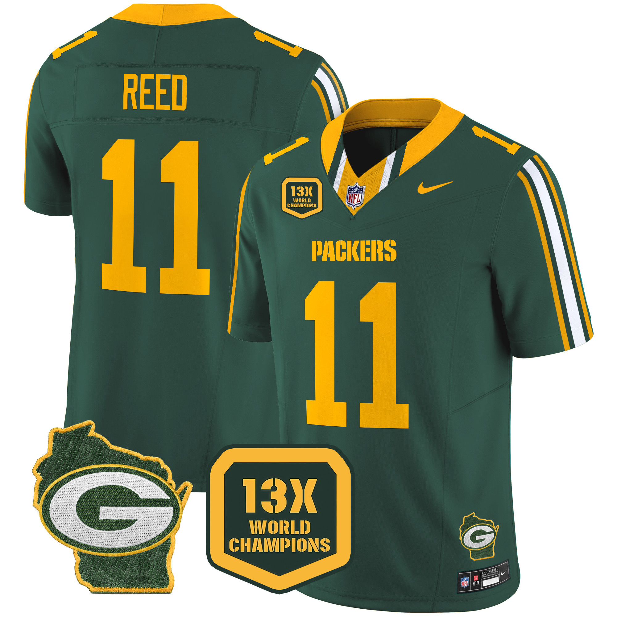 Men's Jayden Reed Green Bay Packers 13 Time World Champions & Home Patch Vapor Limited Green Jersey – All Stitched