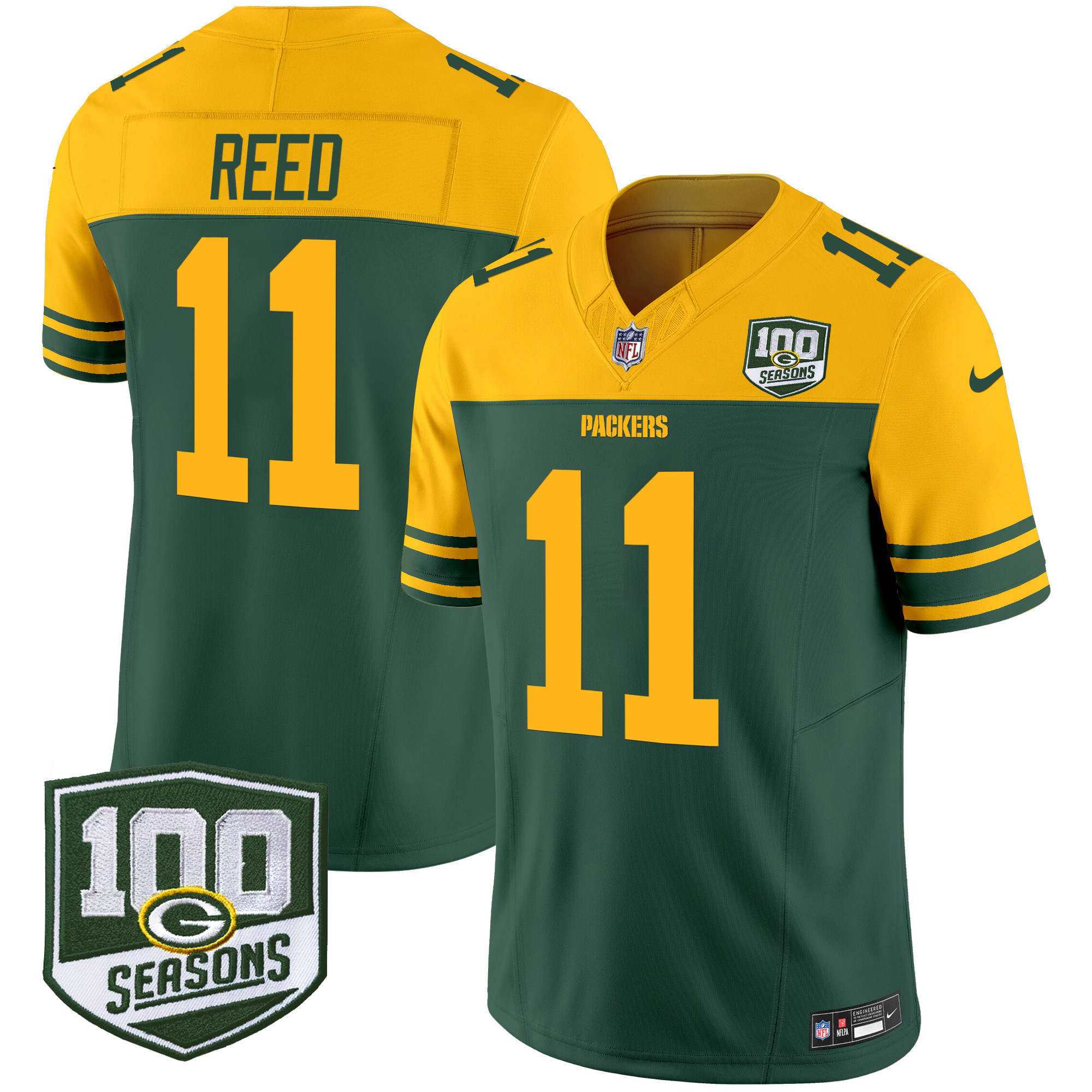 Men's Jayden Reed Green Bay Packers Throwback 100th Season Patch Vapor Limited Green Jersey - All Stitched