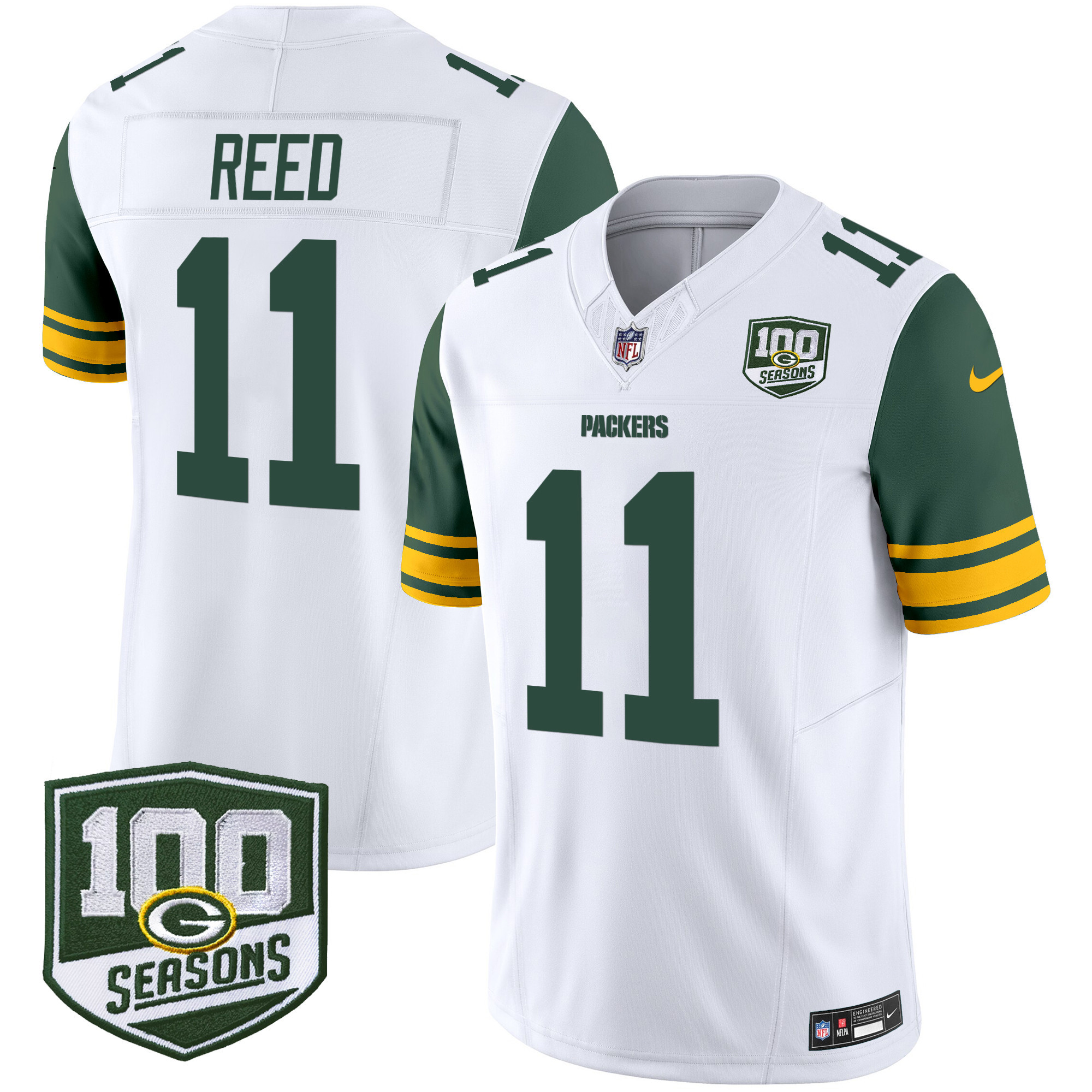 Men's Jayden Reed Green Bay Packers Throwback 100th Season Patch Vapor Limited White Jersey - All Stitched