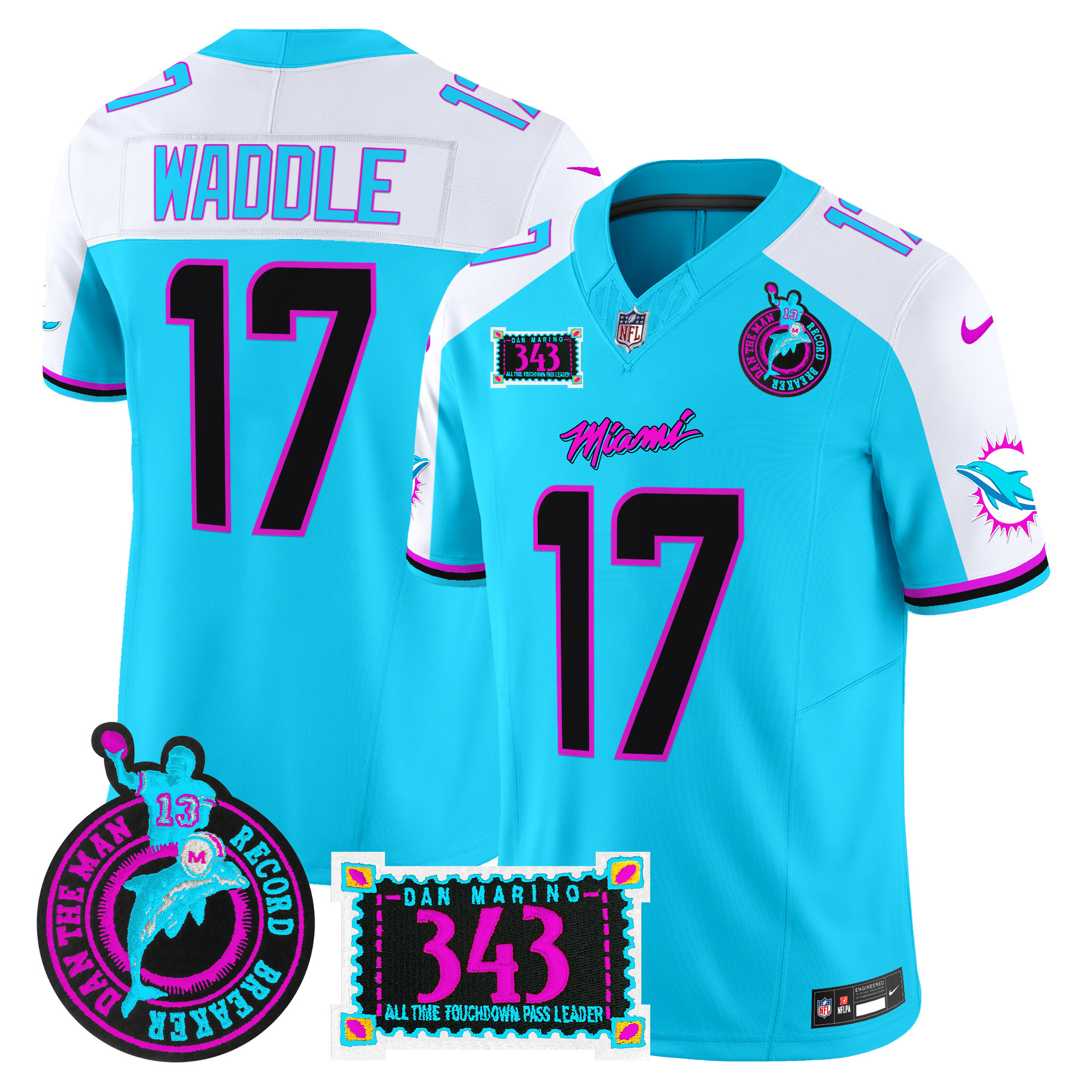 Men's Jaylen Waddle Miami Dolphins "Dan the Man Record Breaker" Patch Vapor Limited Aqua Alternate Jersey - All Stitched