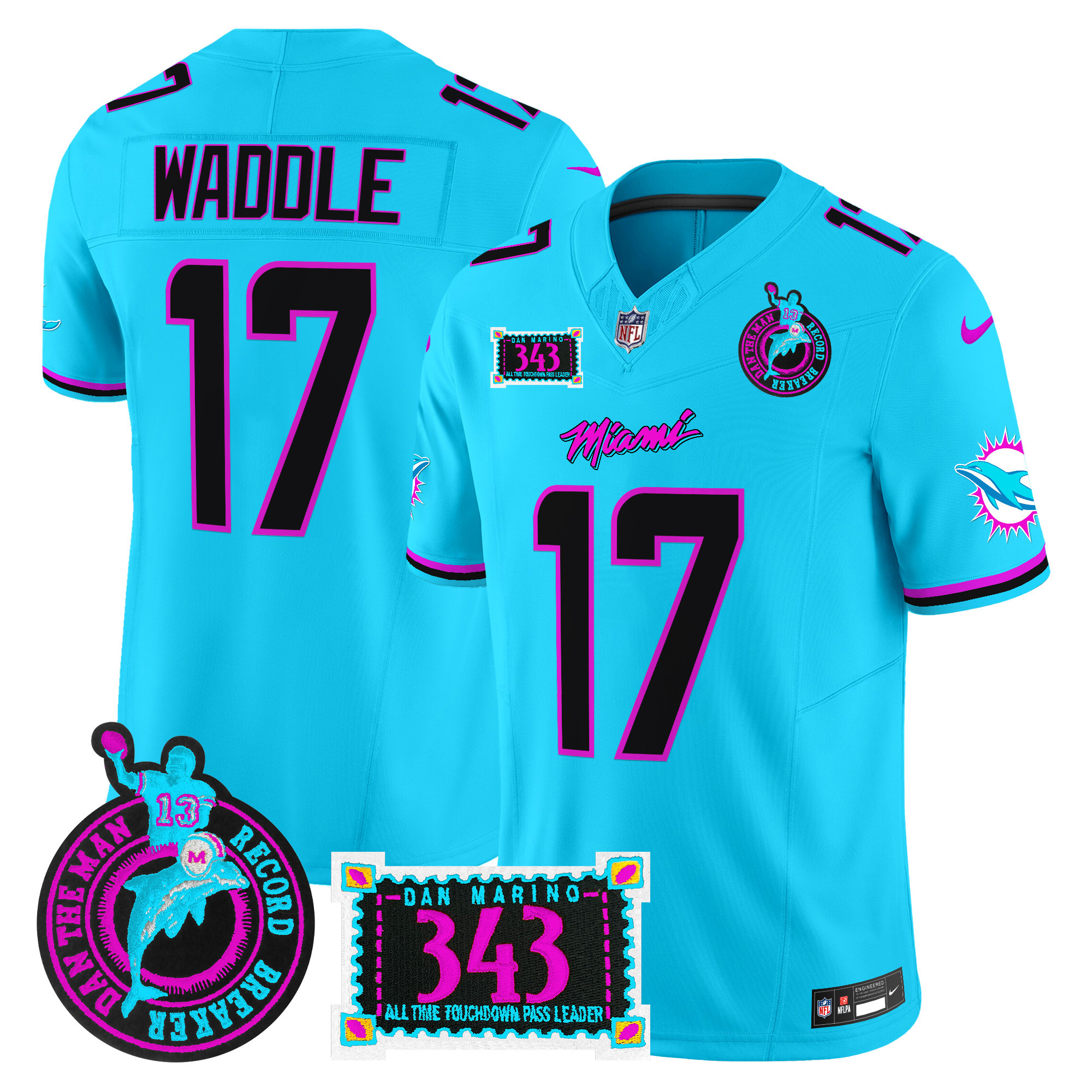Men's Jaylen Waddle Miami Dolphins "Dan the Man Record Breaker" Patch Vapor Limited Aqua Jersey - All Stitched