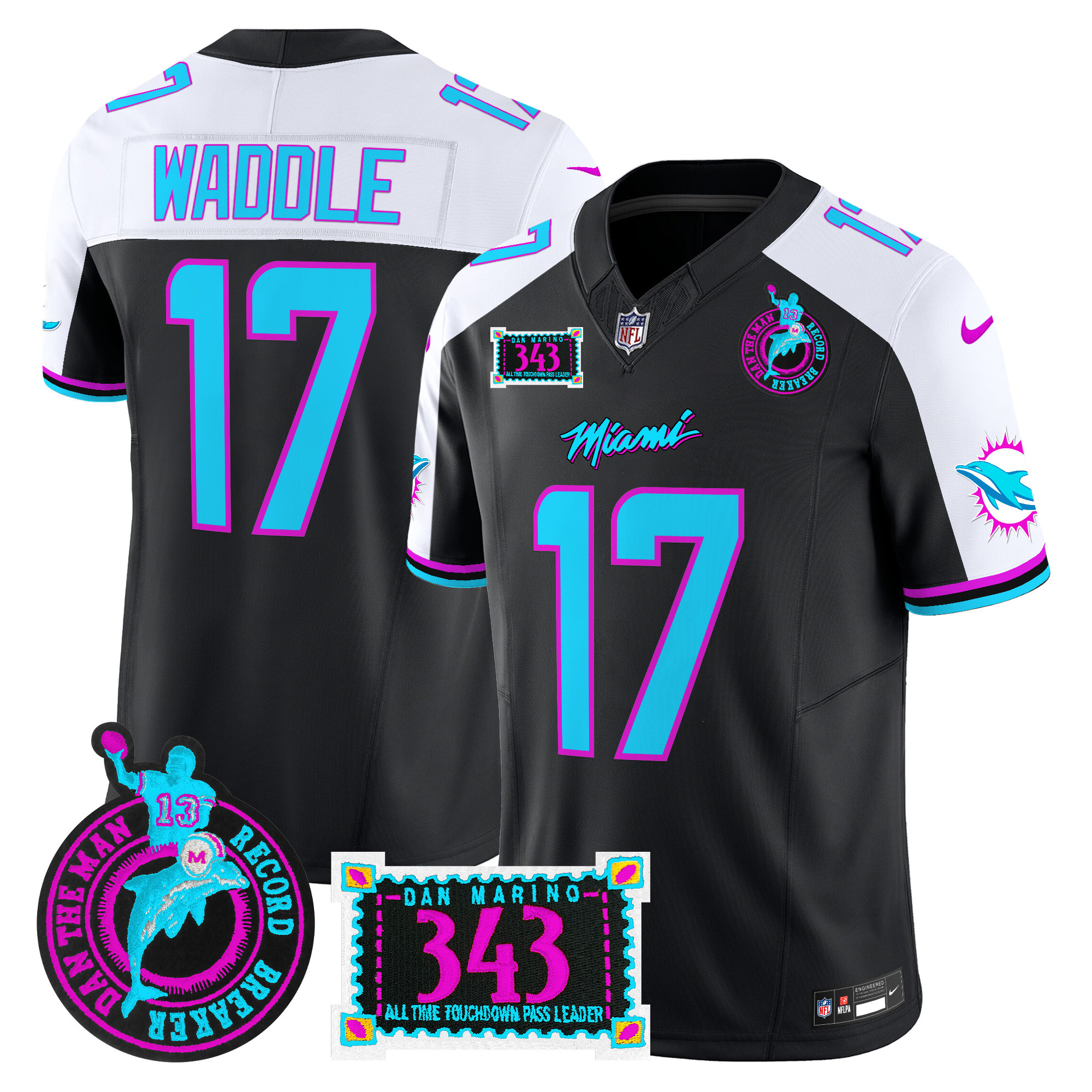 Men's Jaylen Waddle Miami Dolphins "Dan the Man Record Breaker" Patch Vapor Limited Black Alternate Jersey - All Stitched