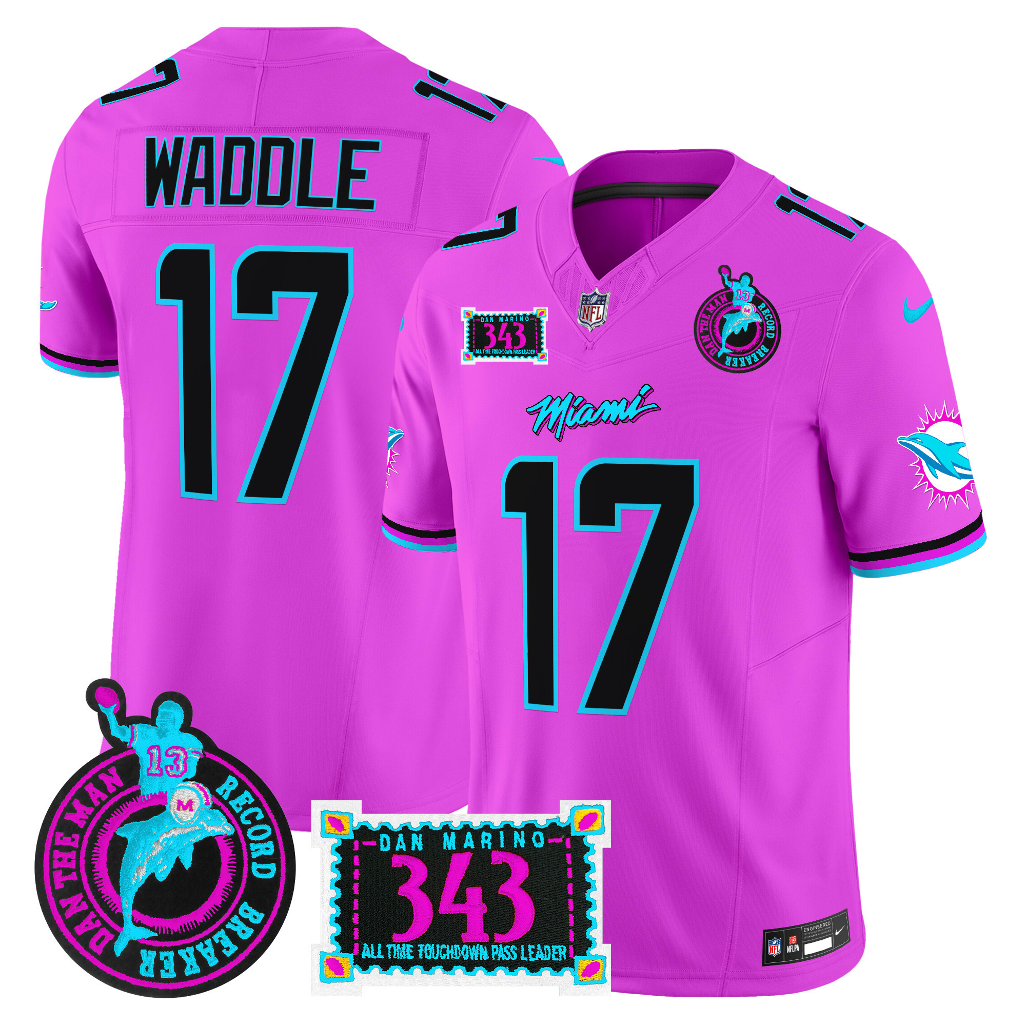 Men's Jaylen Waddle Miami Dolphins "Dan the Man Record Breaker" Patch Vapor Limited Pink Jersey - All Stitched