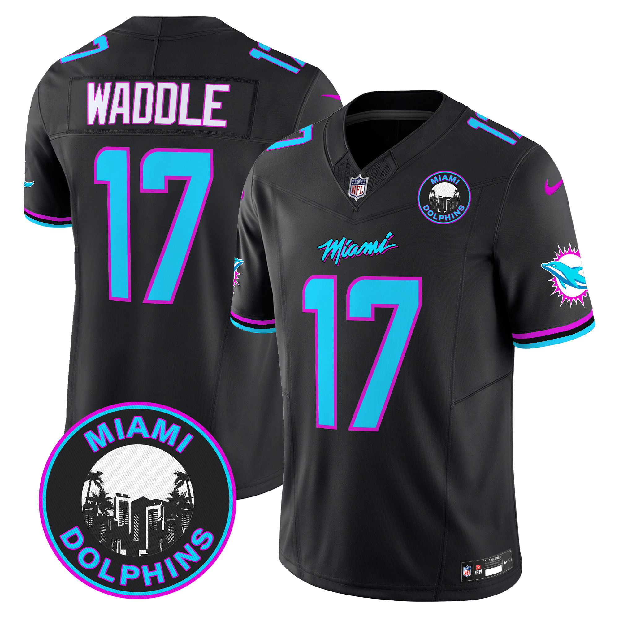 Men's Jaylen Waddle Miami Dolphins "Miami Vice" Vapor Limited Black Jersey V3 - All Stitched