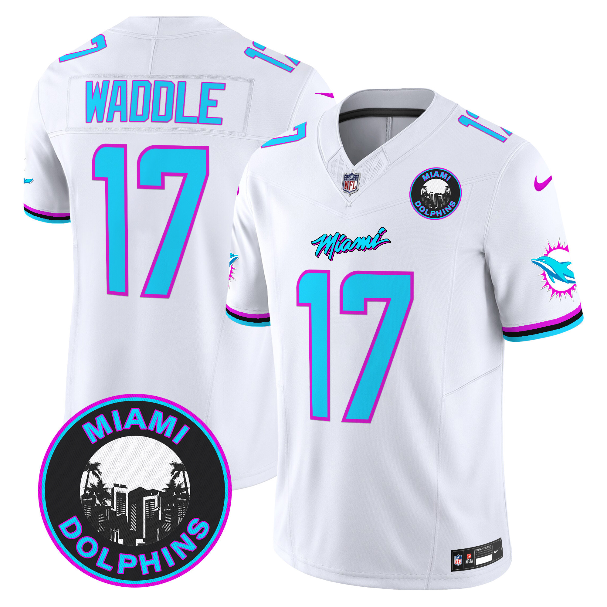 Men's Jaylen Waddle Miami Dolphins "Miami Vice" Vapor Limited White Jersey V3 - All Stitched