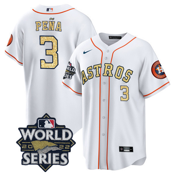 Men's Jeremy PeÒa Houston Astros White Gold 2022 World Series Cool Base Jersey ñ All Stitched