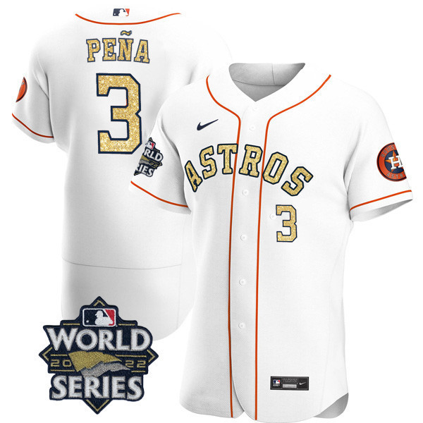 Men's Jeremy PeÒa Houston Astros White Gold 2022 World Series Flex Base Jersey ñ All Stitched
