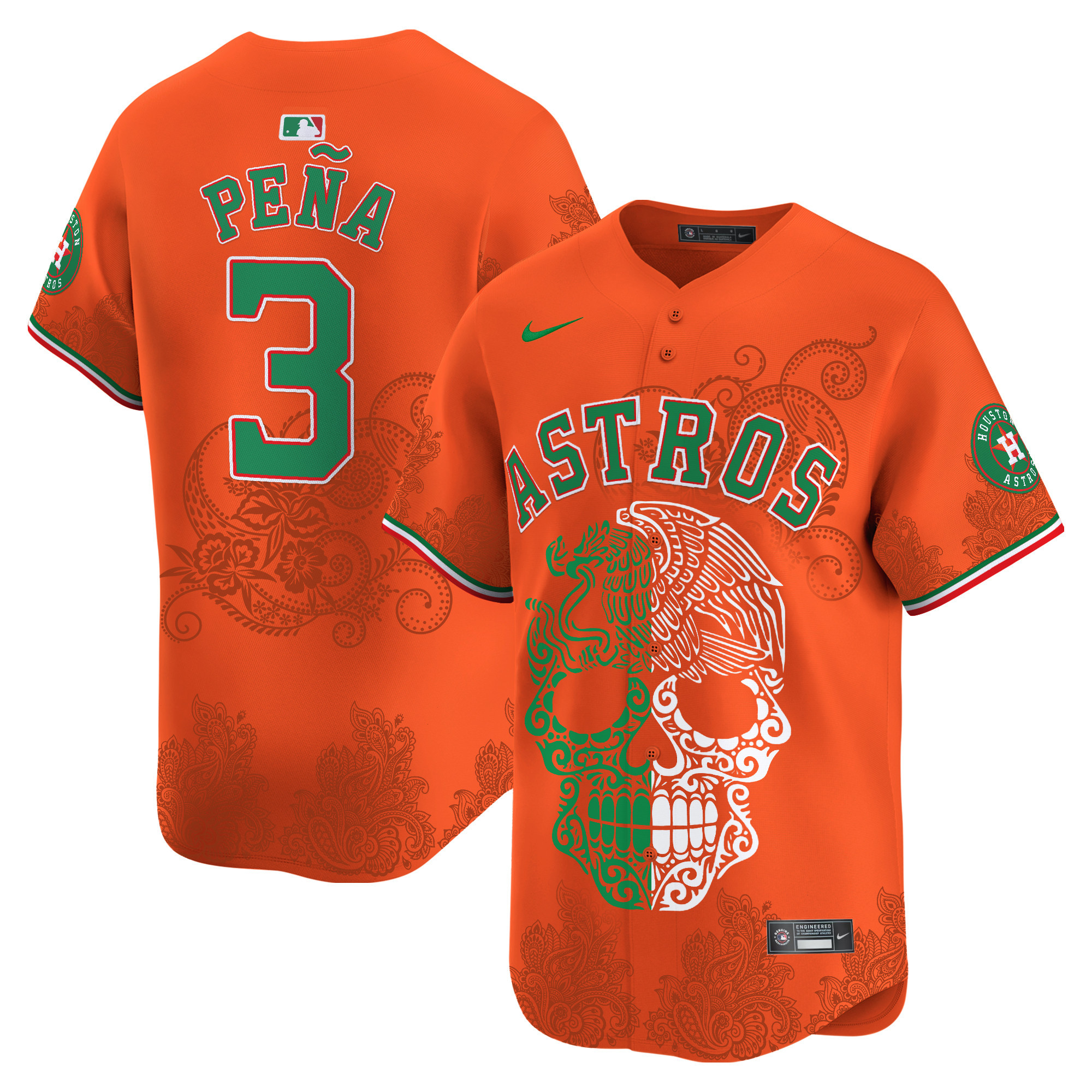Men's Jeremy Pena Houston Astros Aztec Warrior Skull Vapor Limited Orange Jersey - Printed