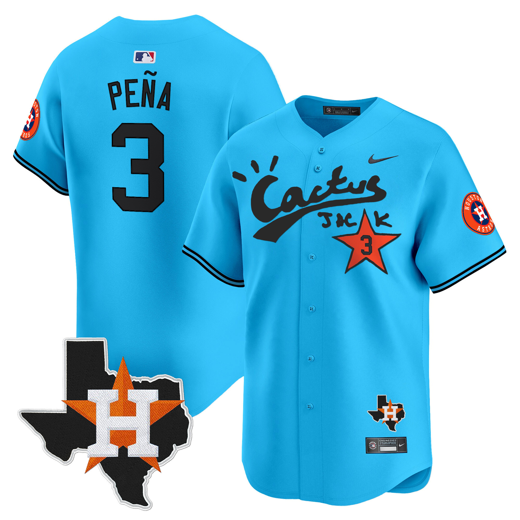 Men's Jeremy Pena Houston Astros Cactus Jack Patch Vapor Premier Limited Light Blue Jersey V11 - Stitched