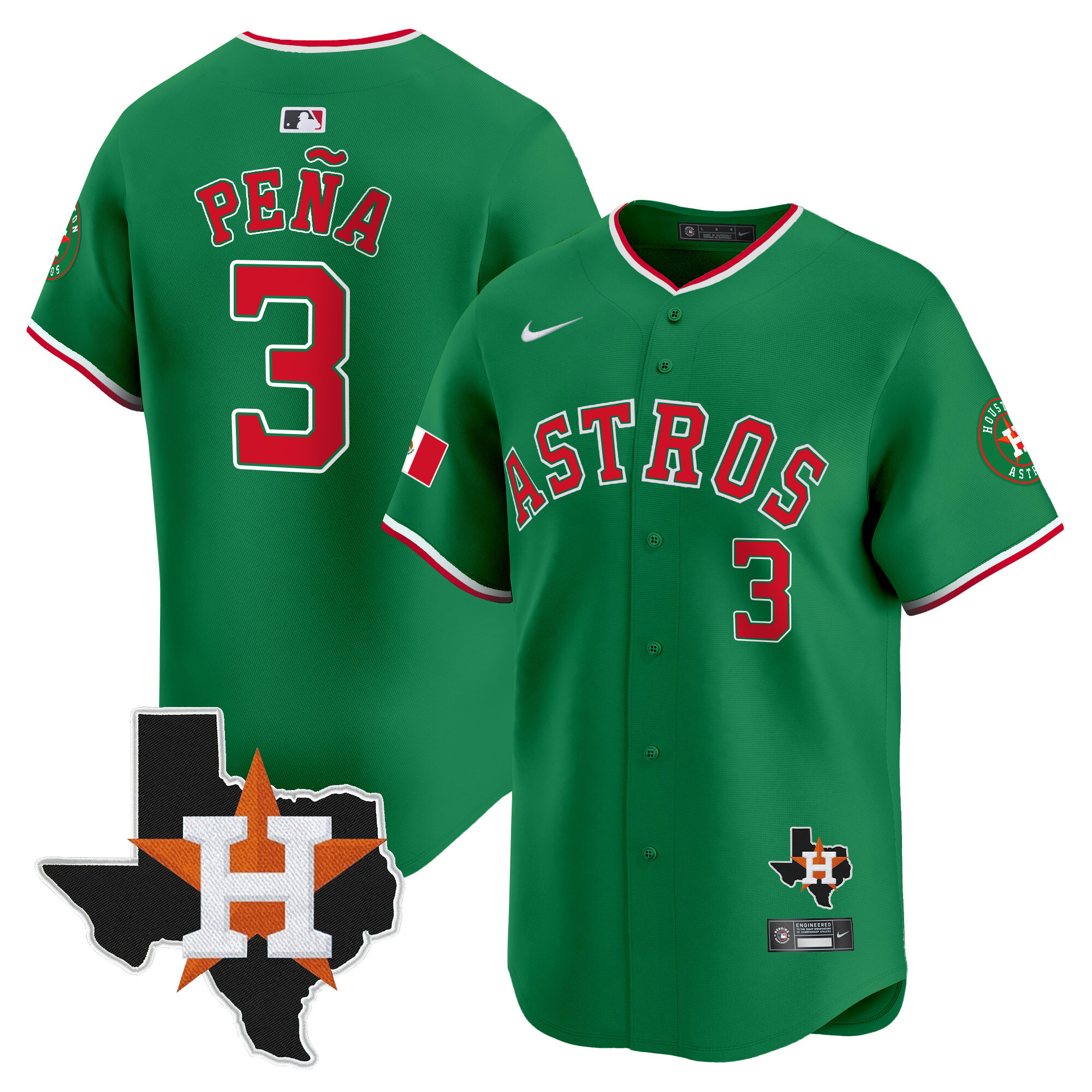 Men's Jeremy Pena Houston Astros Mexico Texas Patch Vapor Premier Limited Green Jersey V4 - All Stitched
