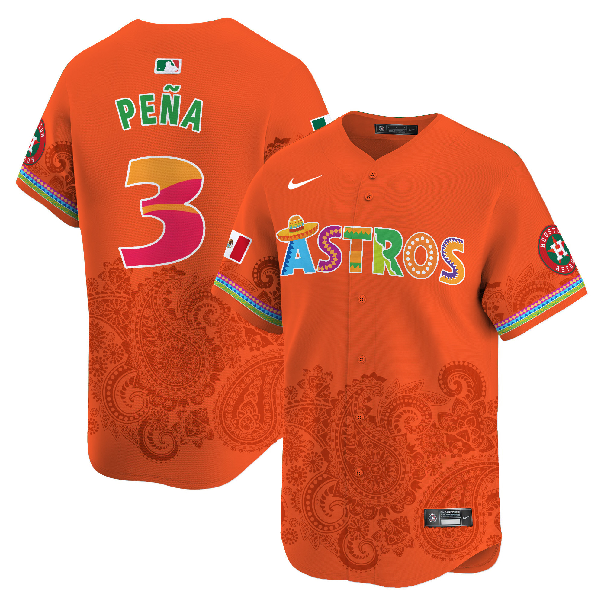 Men's Jeremy Pena Houston Astros Paisley Mexico Vapor Premier Limited Orange Jersey V5- Printed