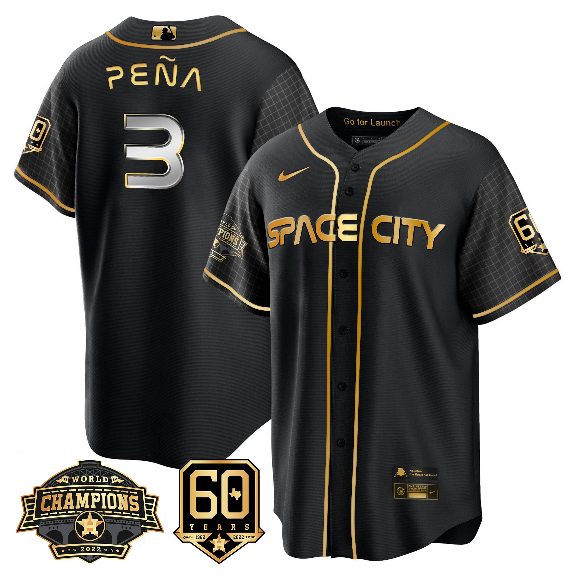 Men's Jeremy Pena Houston Astros Space City 2022 Champions & 60th Anniversary Patch Cool Black Jersey ñ All Stitched