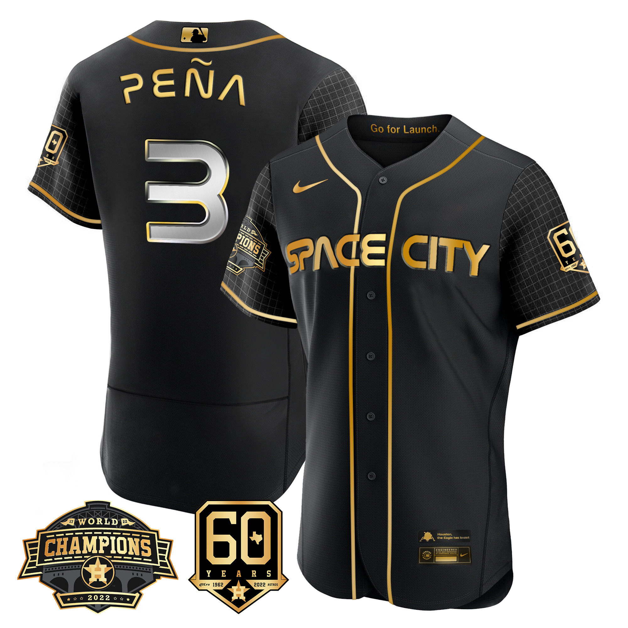 Men's Jeremy Pena Houston Astros Space City 2022 Champions & 60th Anniversary Patch Flex Black Jersey ñ All Stitched