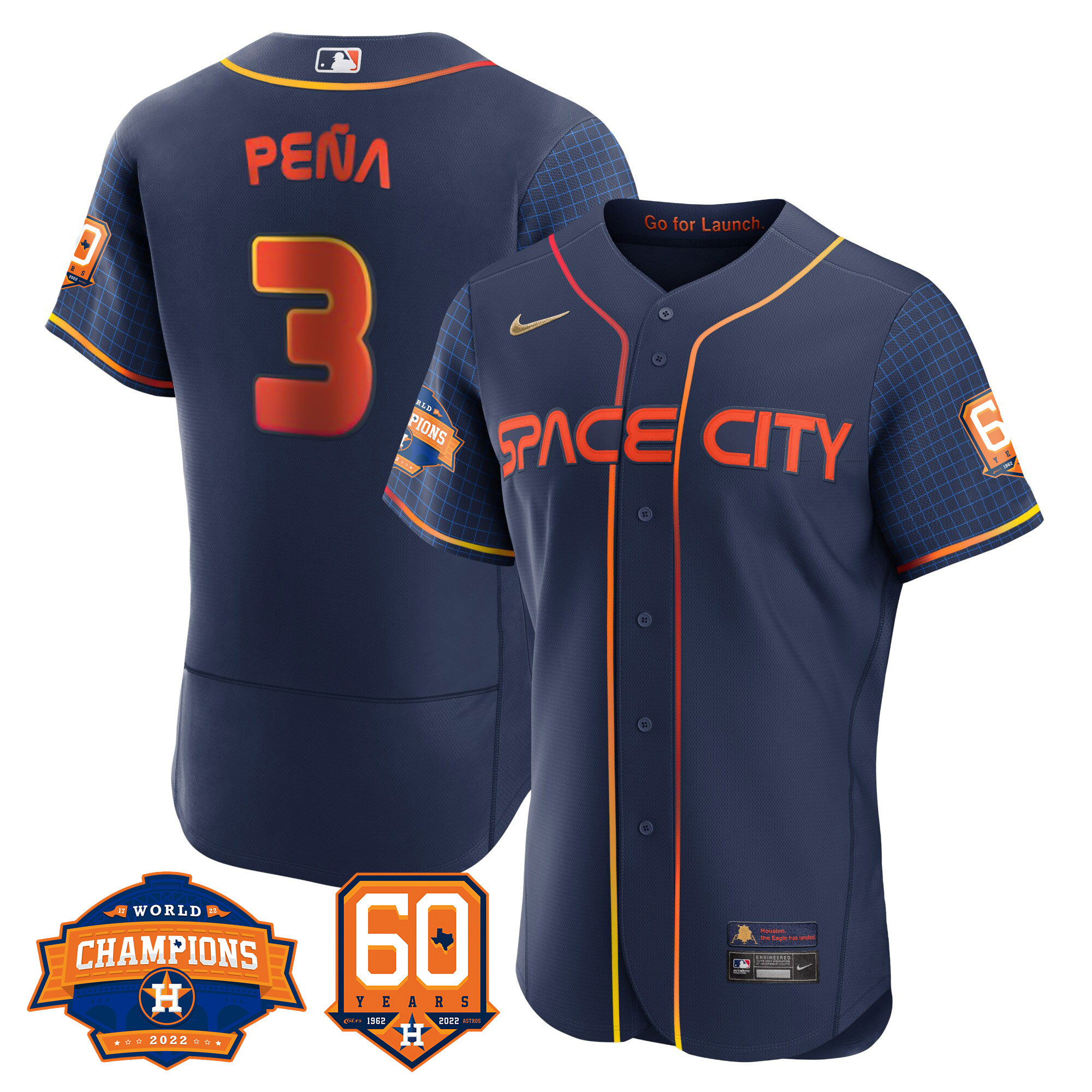 Men's Jeremy Pena Houston Astros Space City 2022 Champions & 60th Anniversary Patch Flex Navy Jersey ñ All Stitched