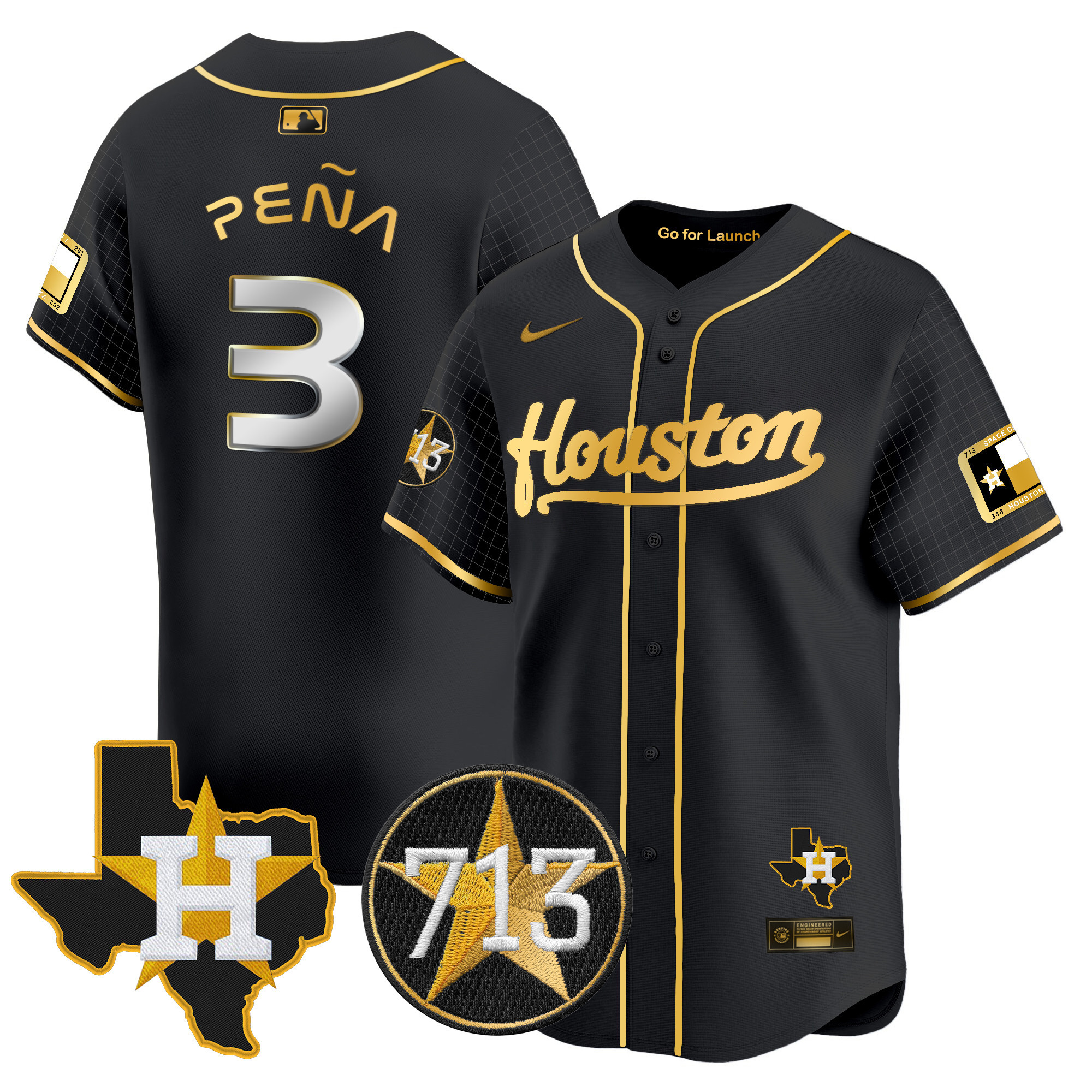 Men's Jeremy Pena Houston Astros Space City 713 Patch Vapor Premier Limited Black Gold Jersey - All Stitched
