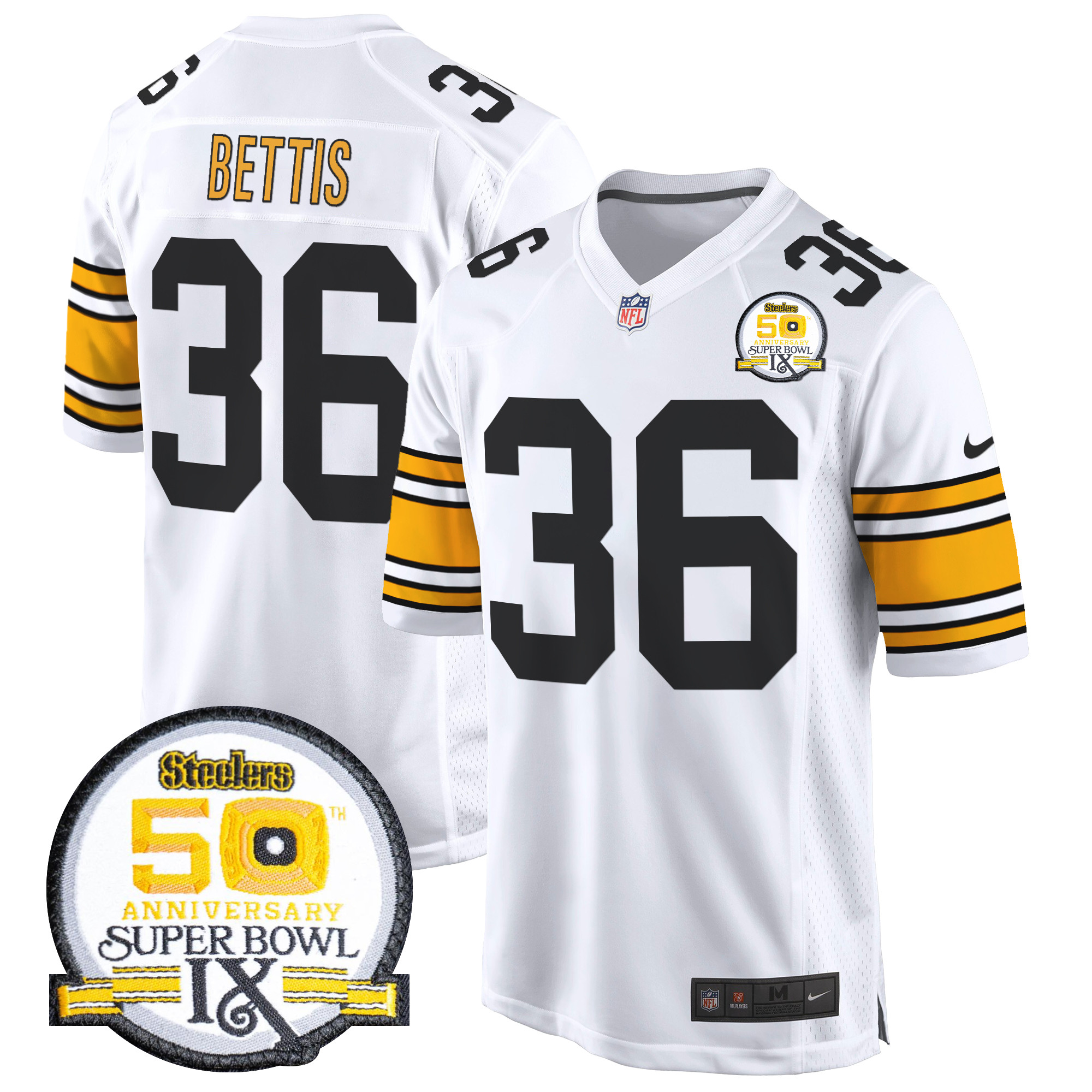 Men's Jerome Bettis Pittsburgh Steelers 50th Anniversary Of Super Bowl IX Patch Game 1975 White Jersey - All Stitched