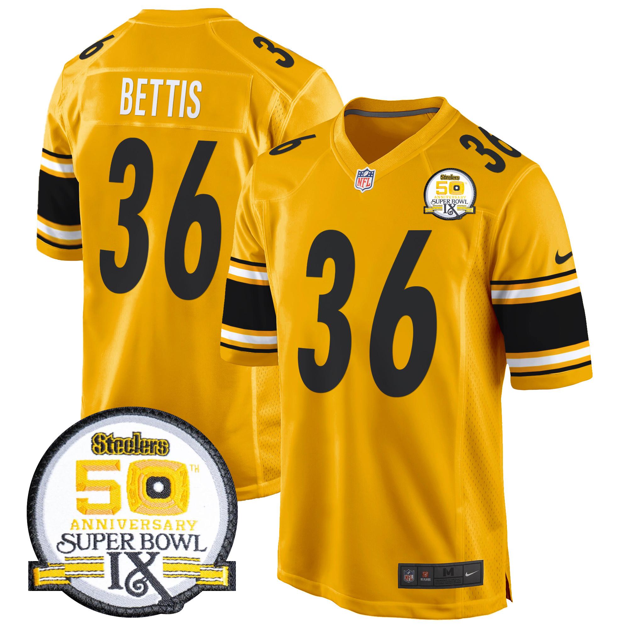 Men's Jerome Bettis Pittsburgh Steelers 50th Anniversary Of Super Bowl IX Patch Game Gold Jersey - All Stitched