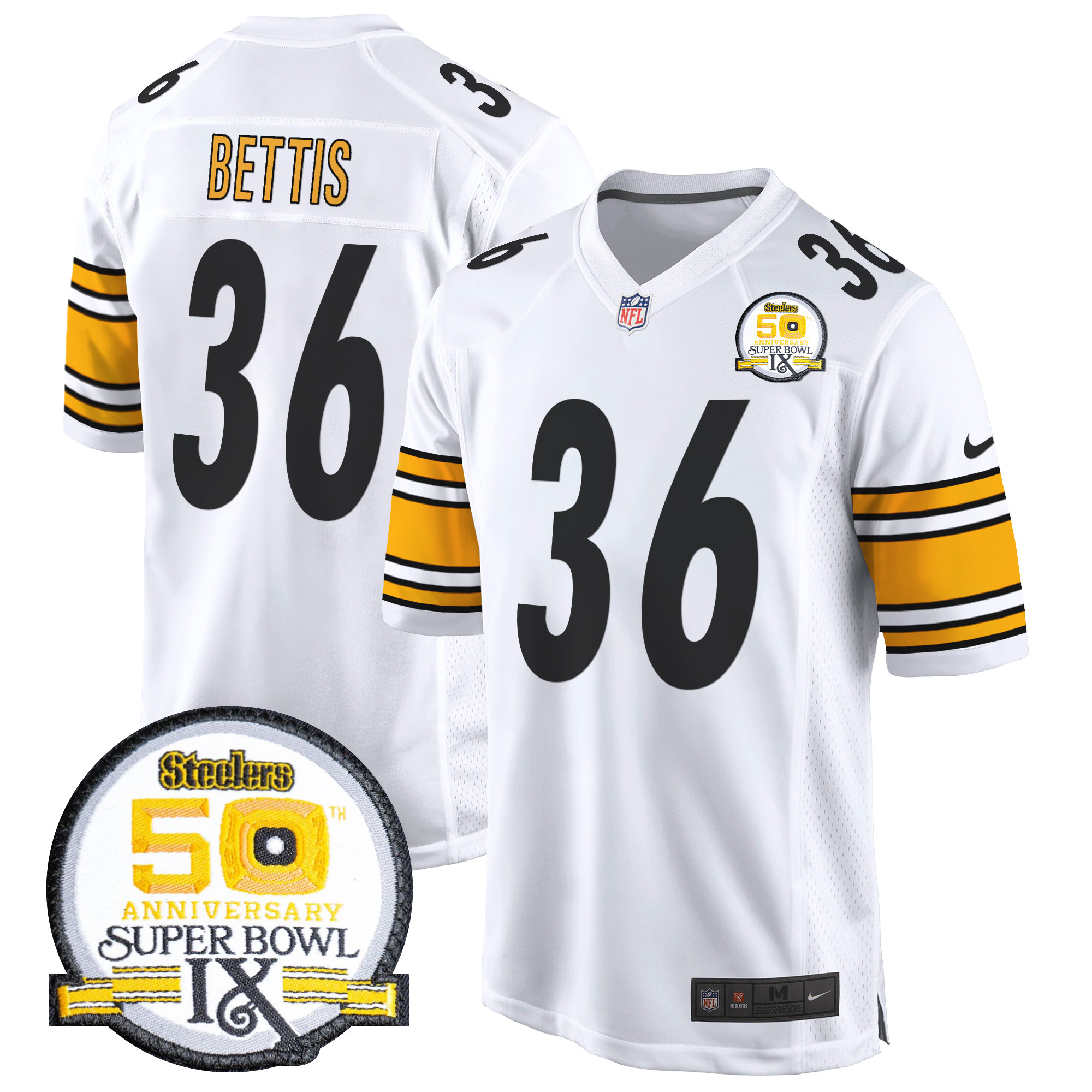 Men's Jerome Bettis Pittsburgh Steelers 50th Anniversary Of Super Bowl IX Patch Game White Jersey - All Stitched