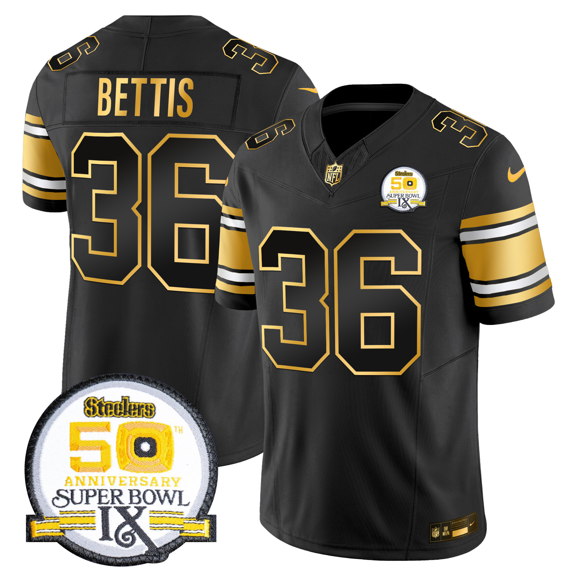 Men's Jerome Bettis Pittsburgh Steelers 50th Anniversary of Super Bowl IX Patch Gold Vapor Limited Black Gold Jersey - All Stitched