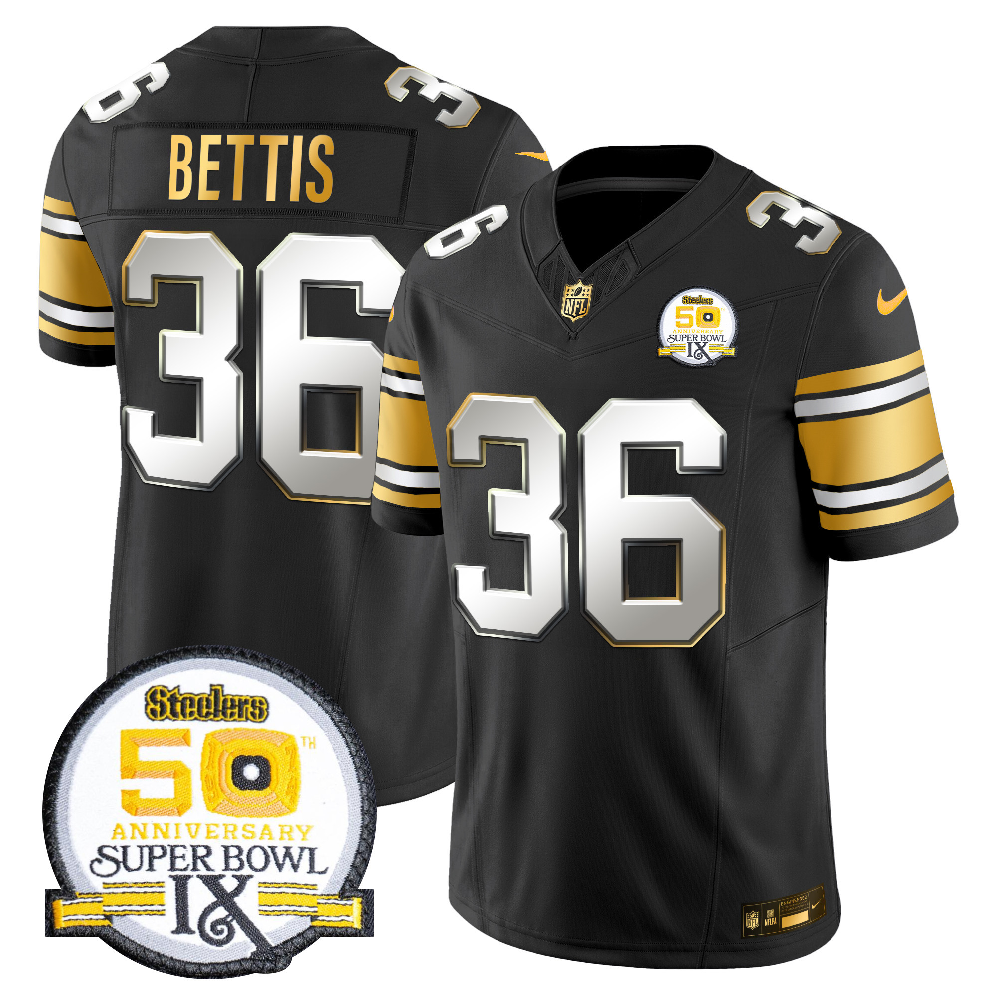 Men's Jerome Bettis Pittsburgh Steelers 50th Anniversary of Super Bowl IX Patch Gold Vapor Limited Black Limited Jersey - All Stitched