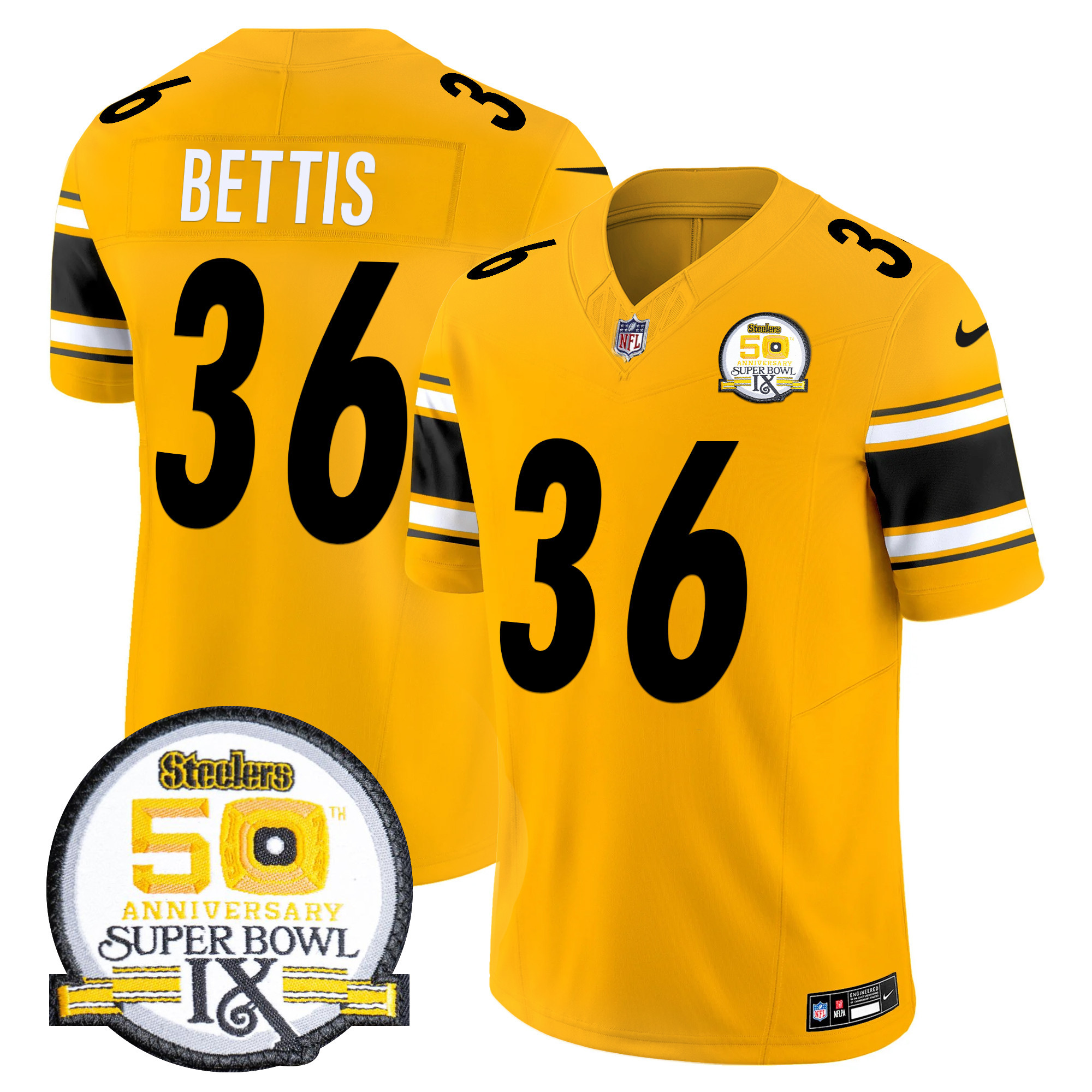 Men's Jerome Bettis Pittsburgh Steelers 50th Anniversary Of Super Bowl IX Patch Vapor Limited Gold Jersey - All Stitched