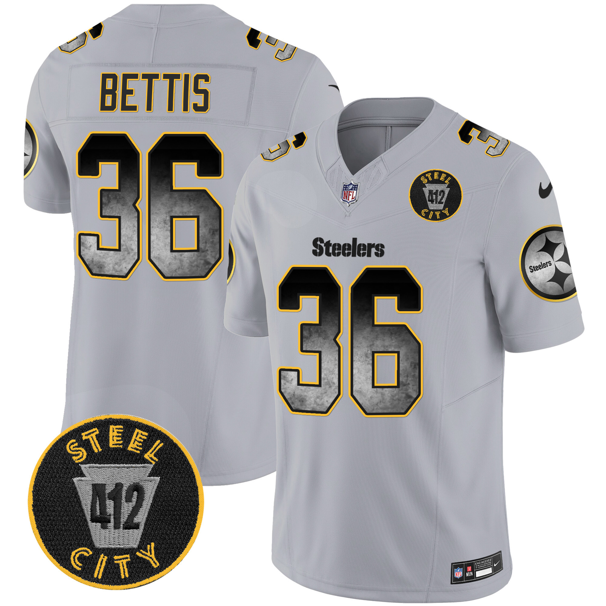 Men's Jerome Bettis Pittsburgh Steelers Arch Smoke 412 Patch Vapor Limited Gray Jersey - All Stitched