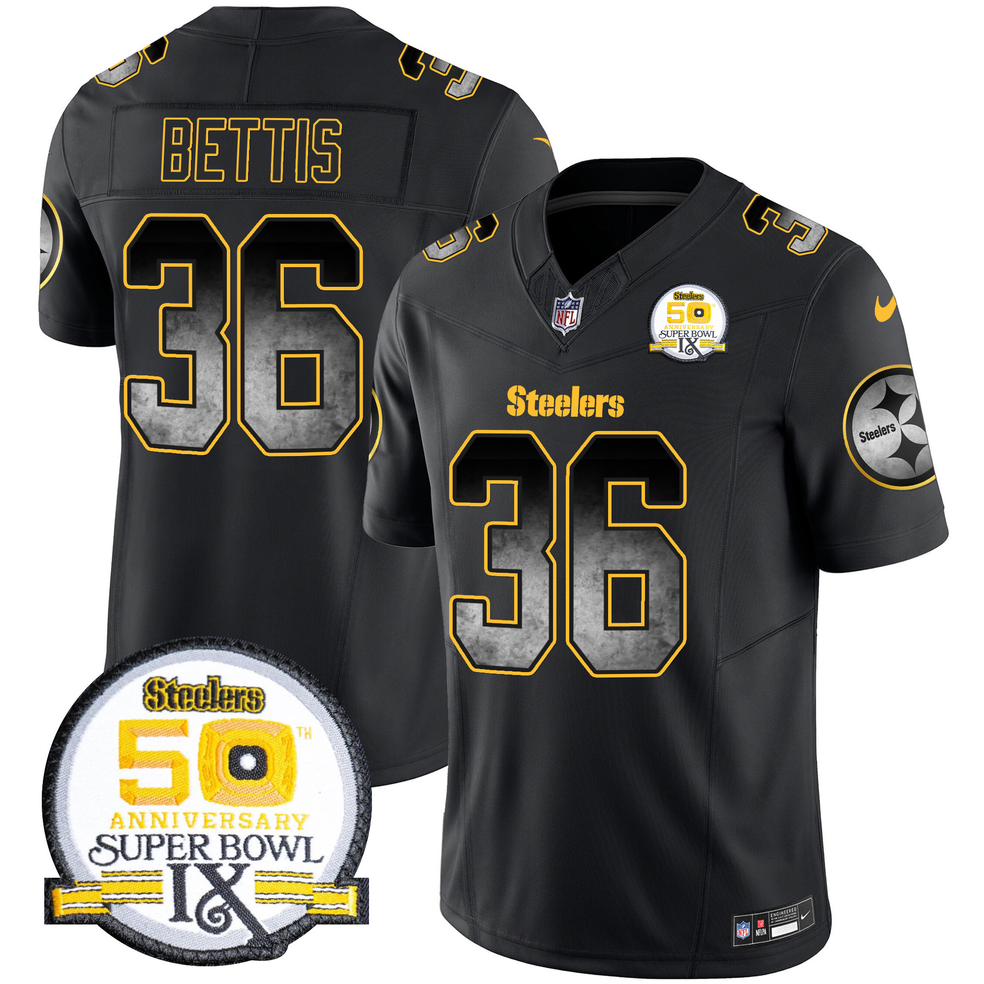 Men's Jerome Bettis Pittsburgh Steelers Arch Smoke 50th Anniversary Of Super Bowl IX Patch Vapor Limited Black Jersey - All Stitched