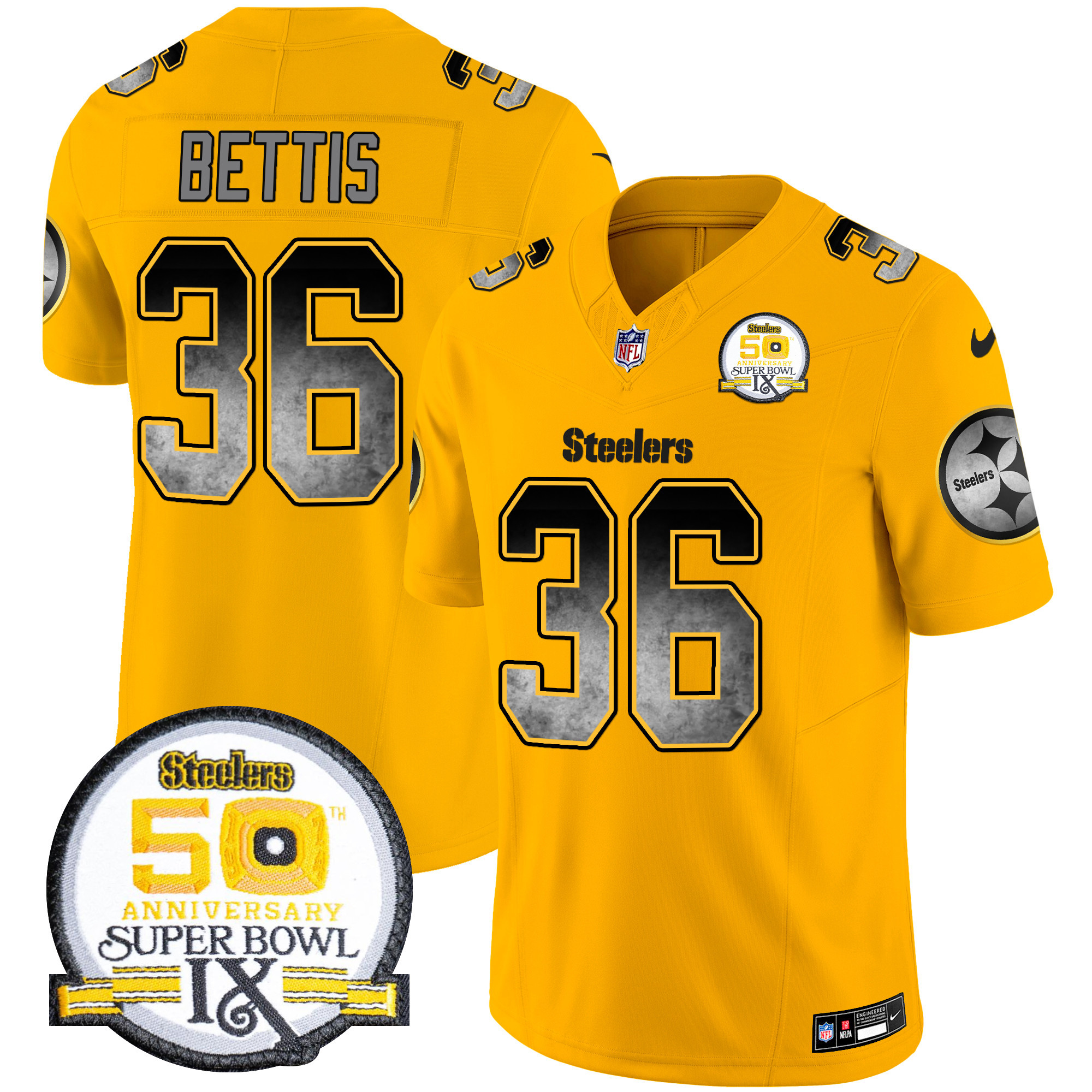 Men's Jerome Bettis Pittsburgh Steelers Arch Smoke 50th Anniversary Of Super Bowl IX Patch Vapor Limited Gold Jersey - All Stitched