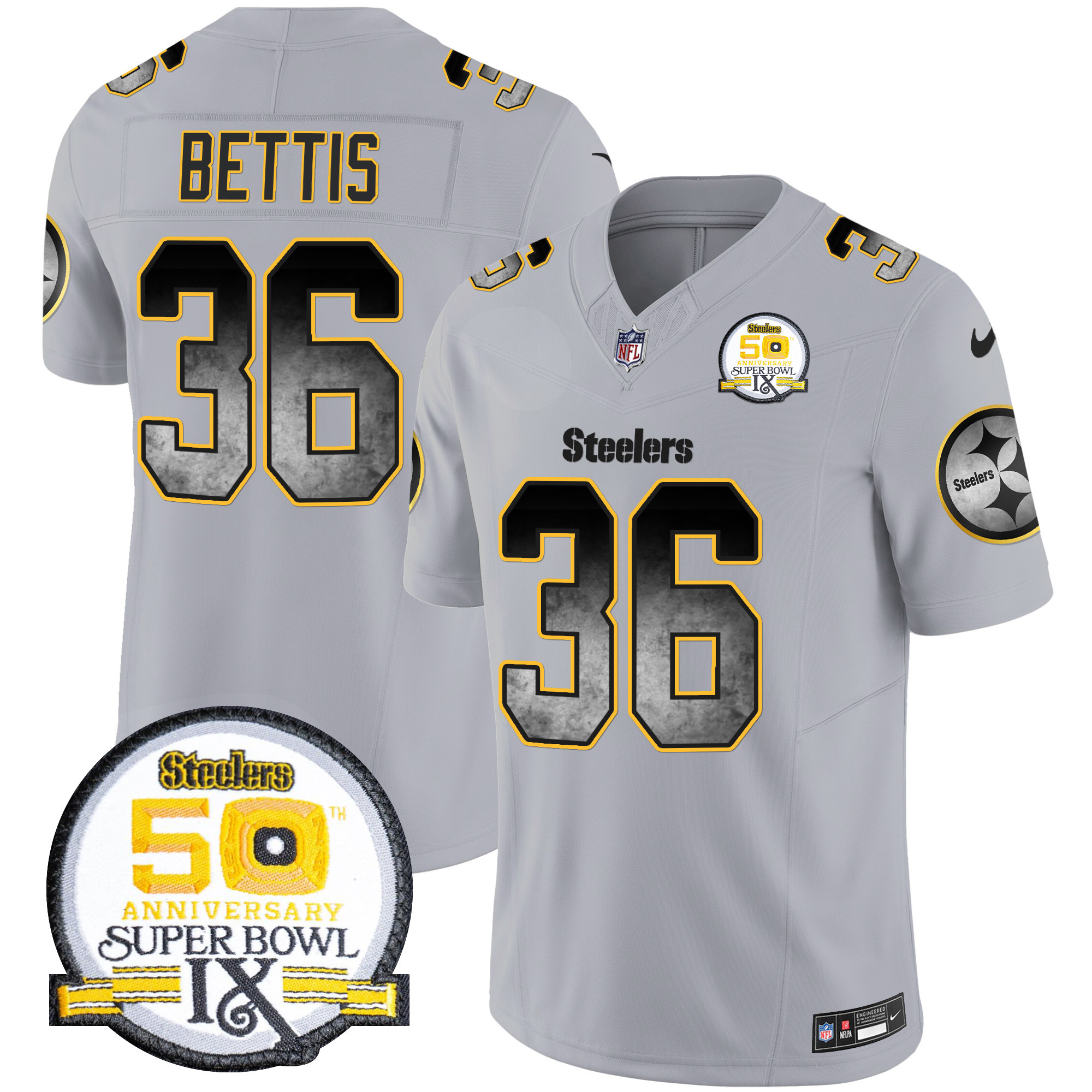 Men's Jerome Bettis Pittsburgh Steelers Arch Smoke 50th Anniversary Of Super Bowl IX Patch Vapor Limited Gray Jersey - All Stitched