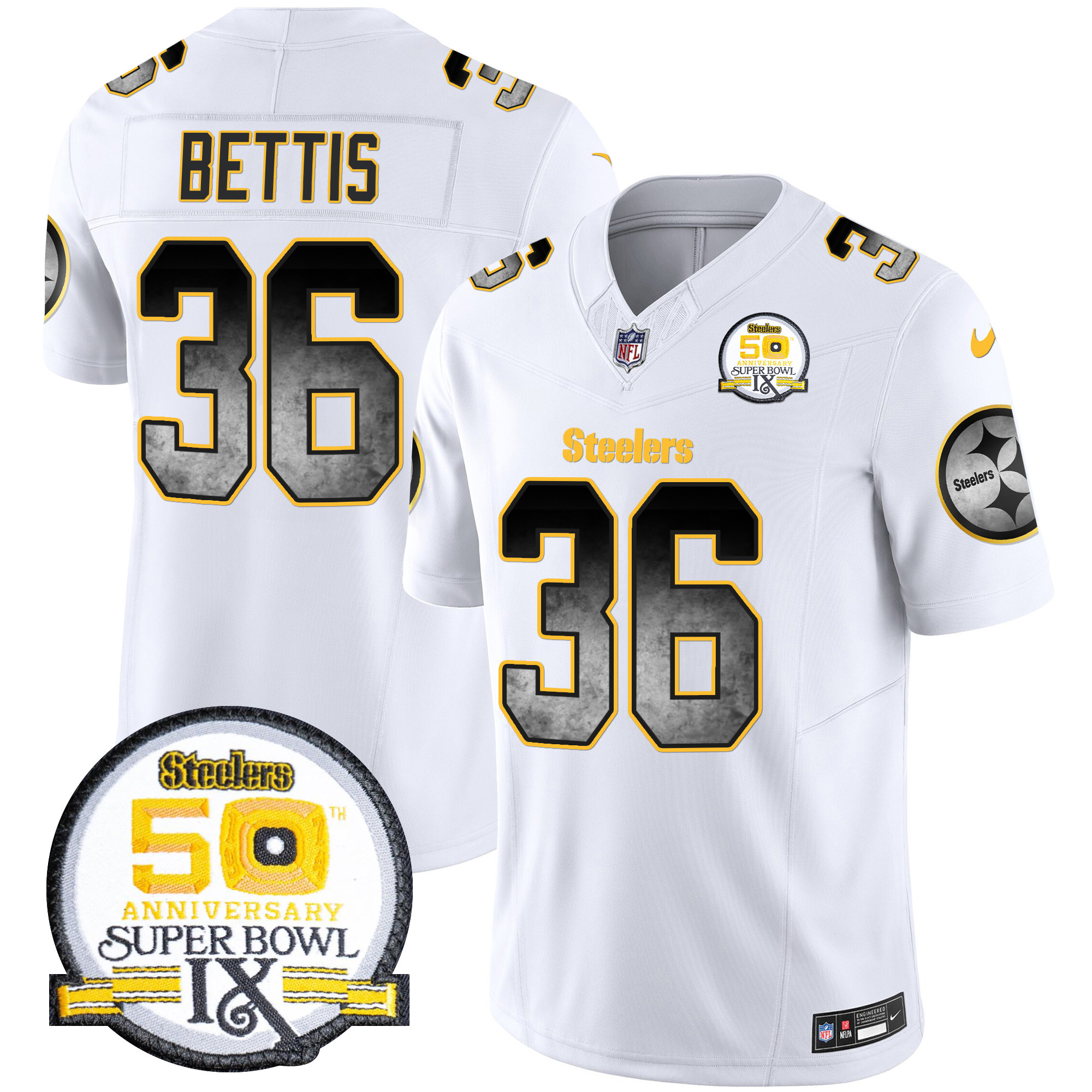 Men's Jerome Bettis Pittsburgh Steelers Arch Smoke 50th Anniversary Of Super Bowl IX Patch Vapor Limited White Jersey - All Stitched