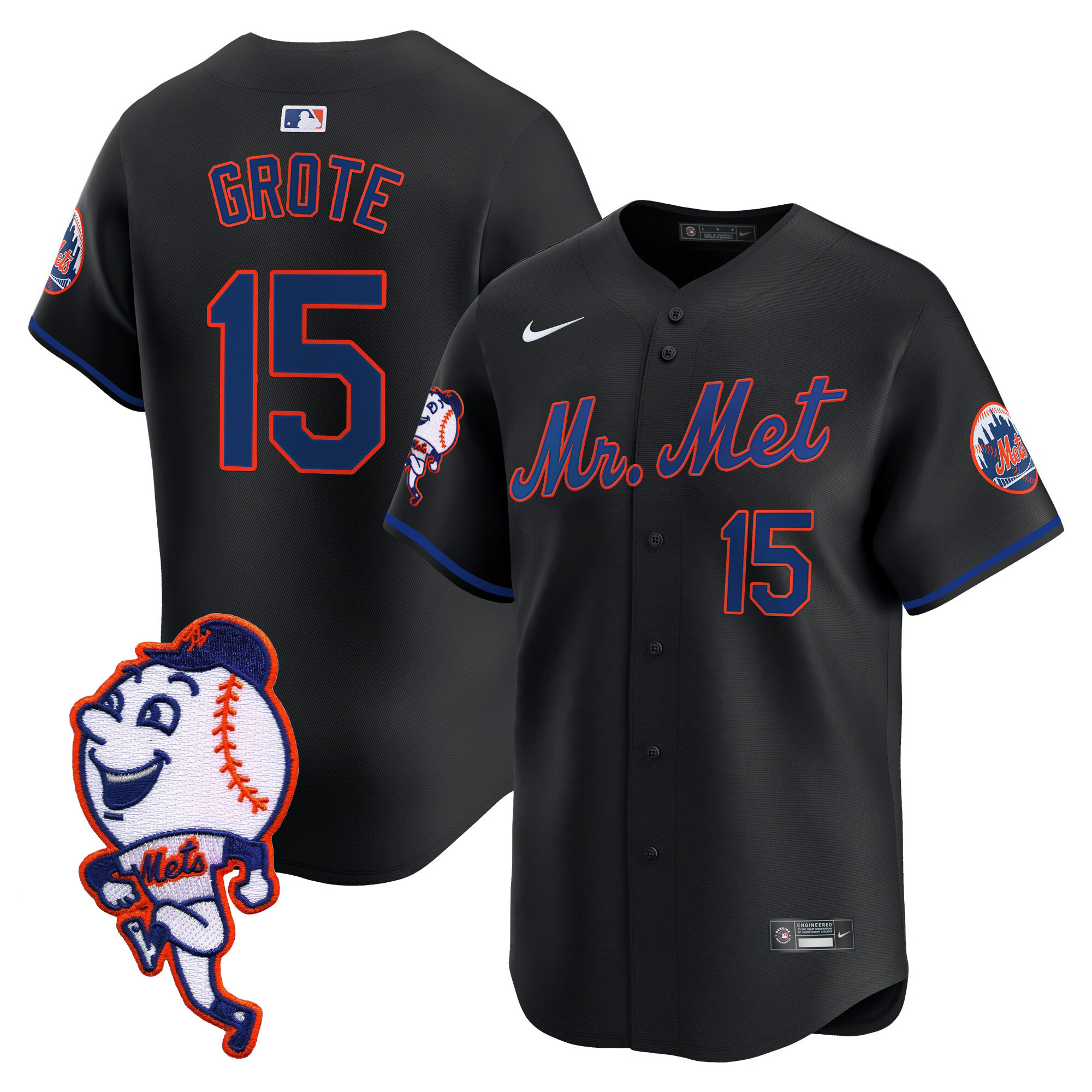 Men's Jerry Grote New York Mets Mr. Met Patch Vapor Premier Limited Black Jersey - All Stitched