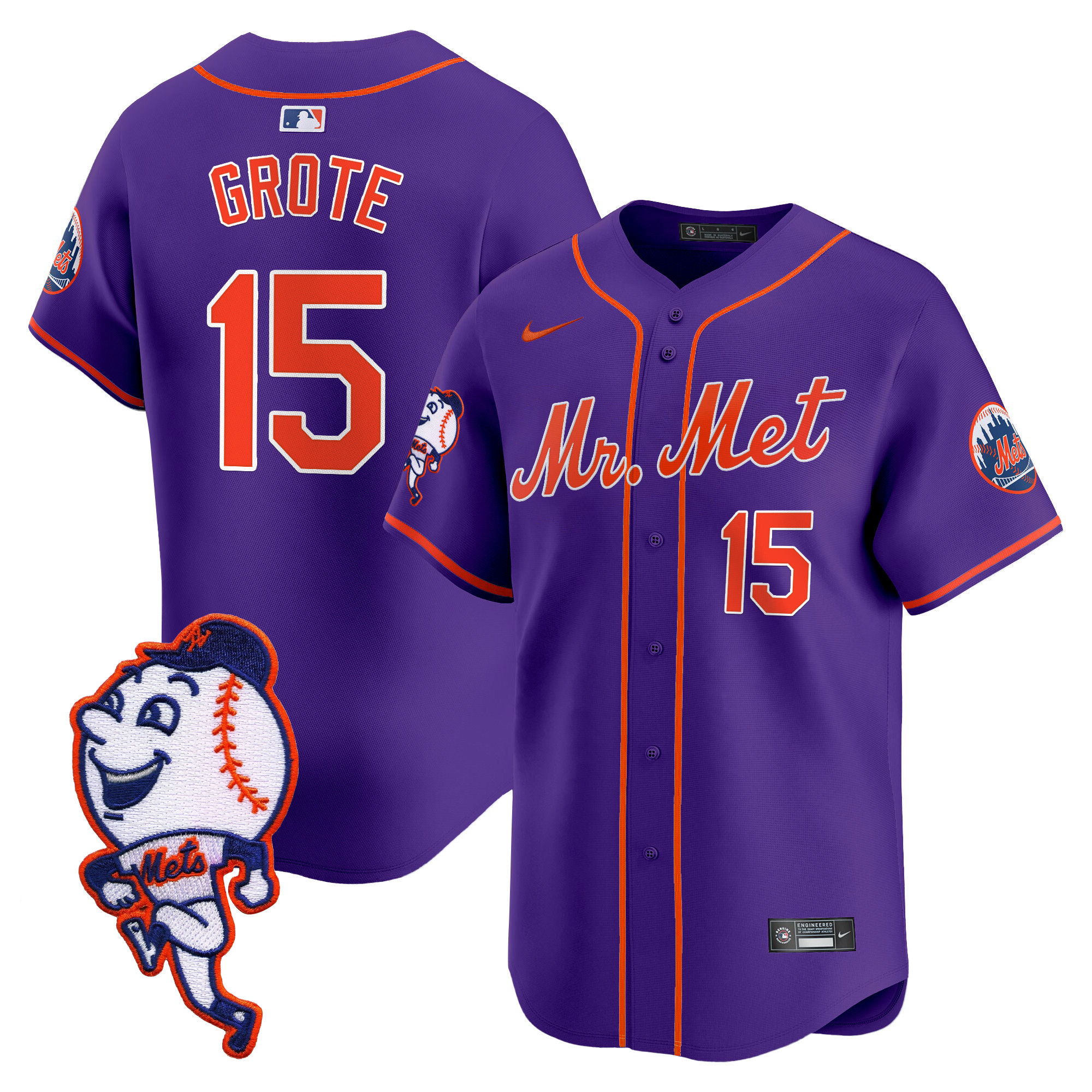 Men's Jerry Grote New York Mets Mr. Met Patch Vapor Premier Limited Purple Jersey - All Stitched