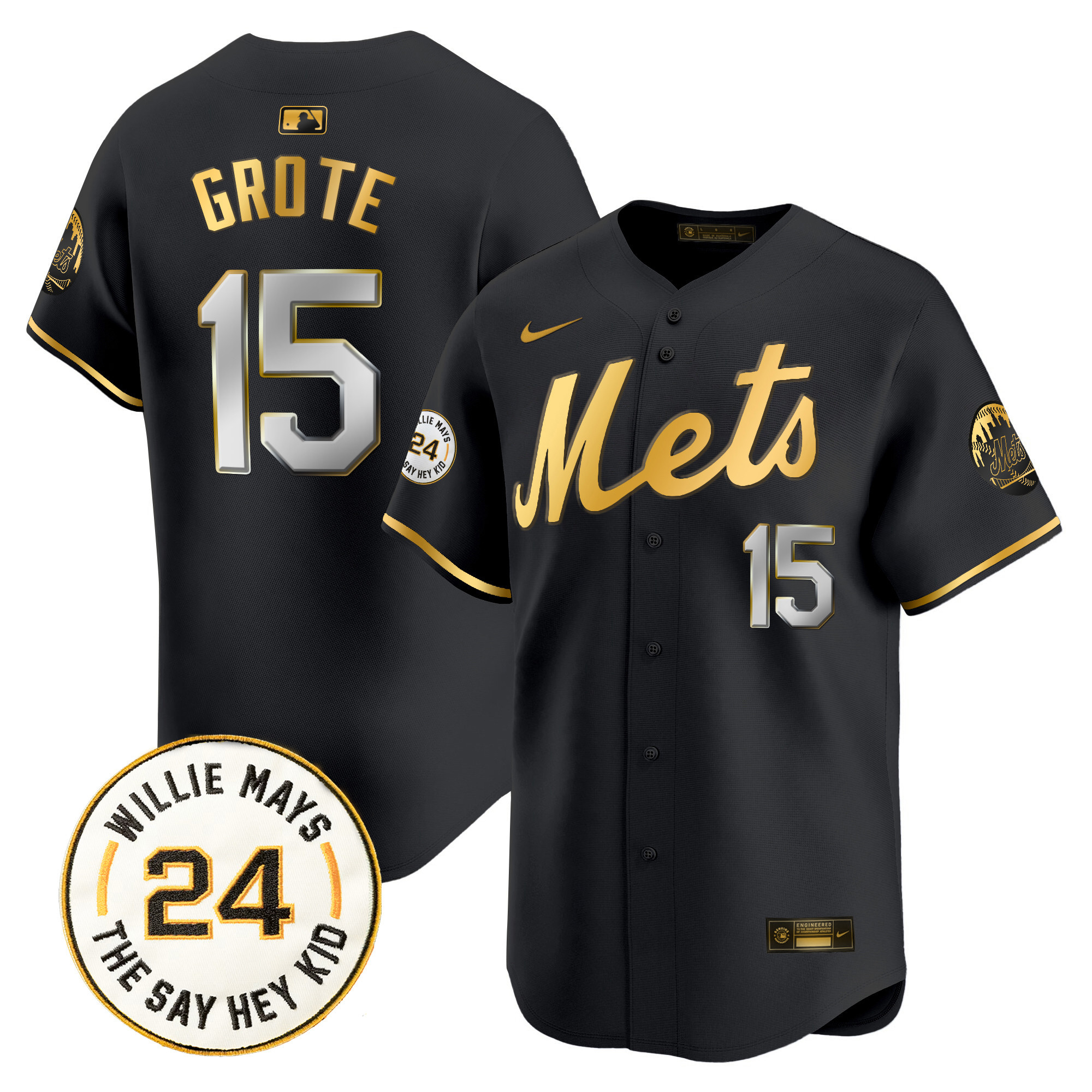 Men's Jerry Grote New York Mets Willie Mays Patch Vapor Premier Limited Black Gold Jersey - All Stitched
