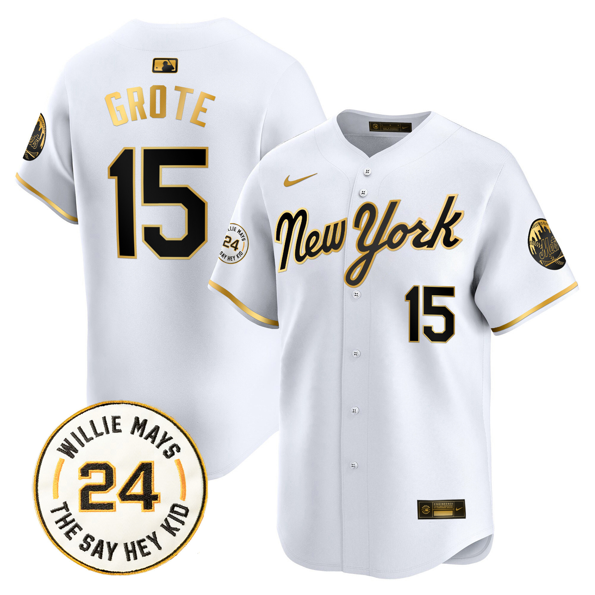 Men's Jerry Grote New York Mets Willie Mays Patch Vapor Premier Limited New York Gold Jersey - All Stitched